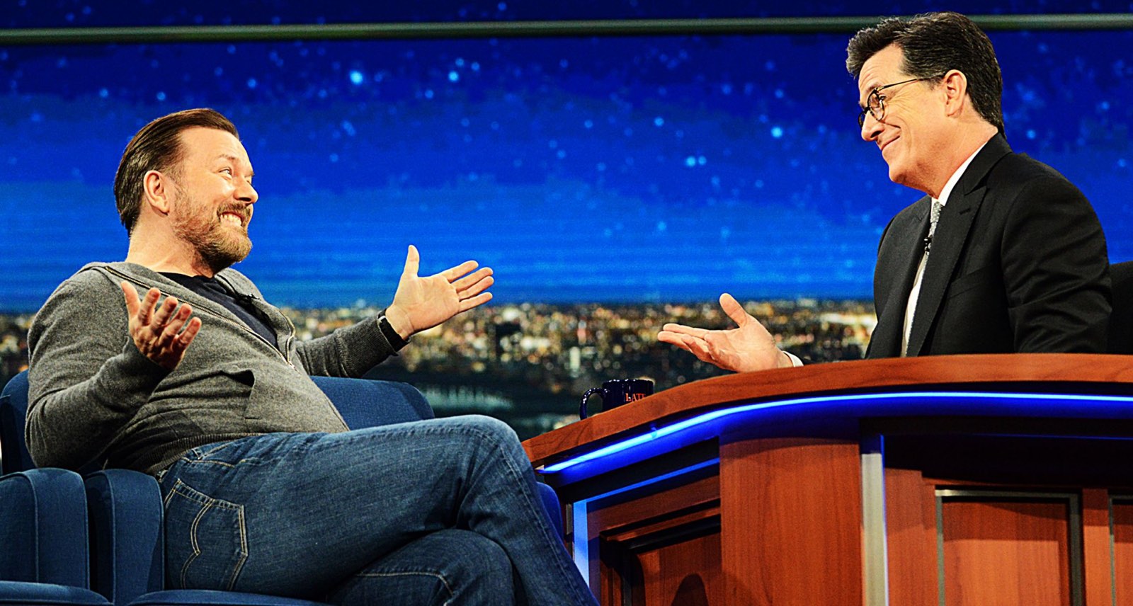 Ricky Gervais and Stephen Colbert debate the existence of God