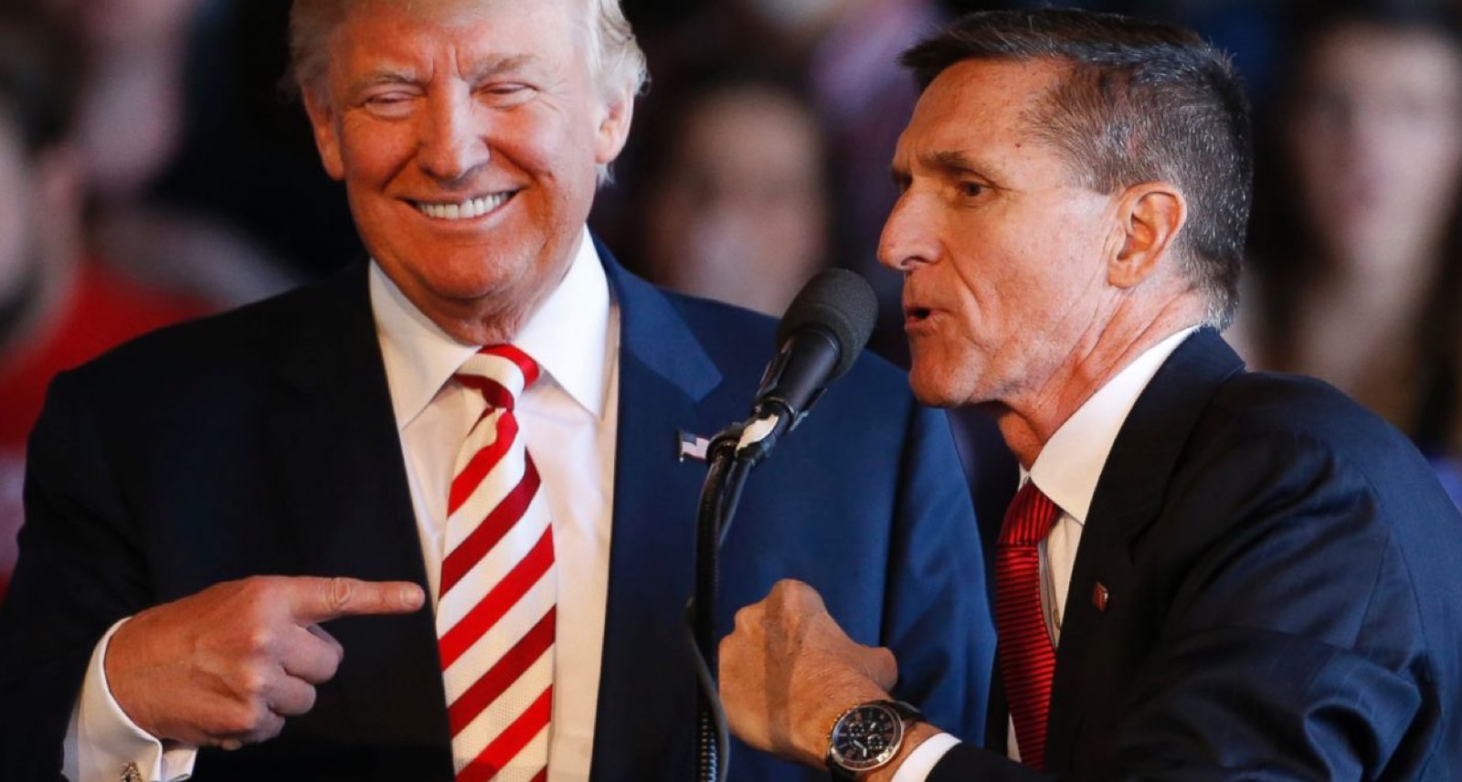 Donald Trump on stage with Michael Flynn at a campaign rally in 2016