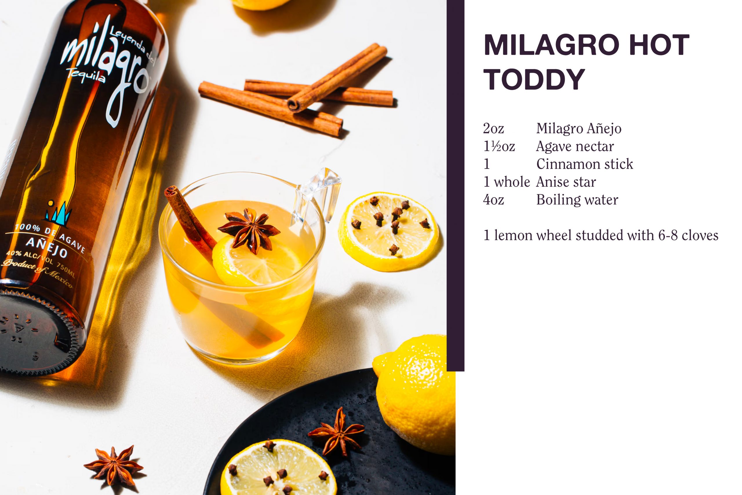 Milagro hot toddy tequila cocktail