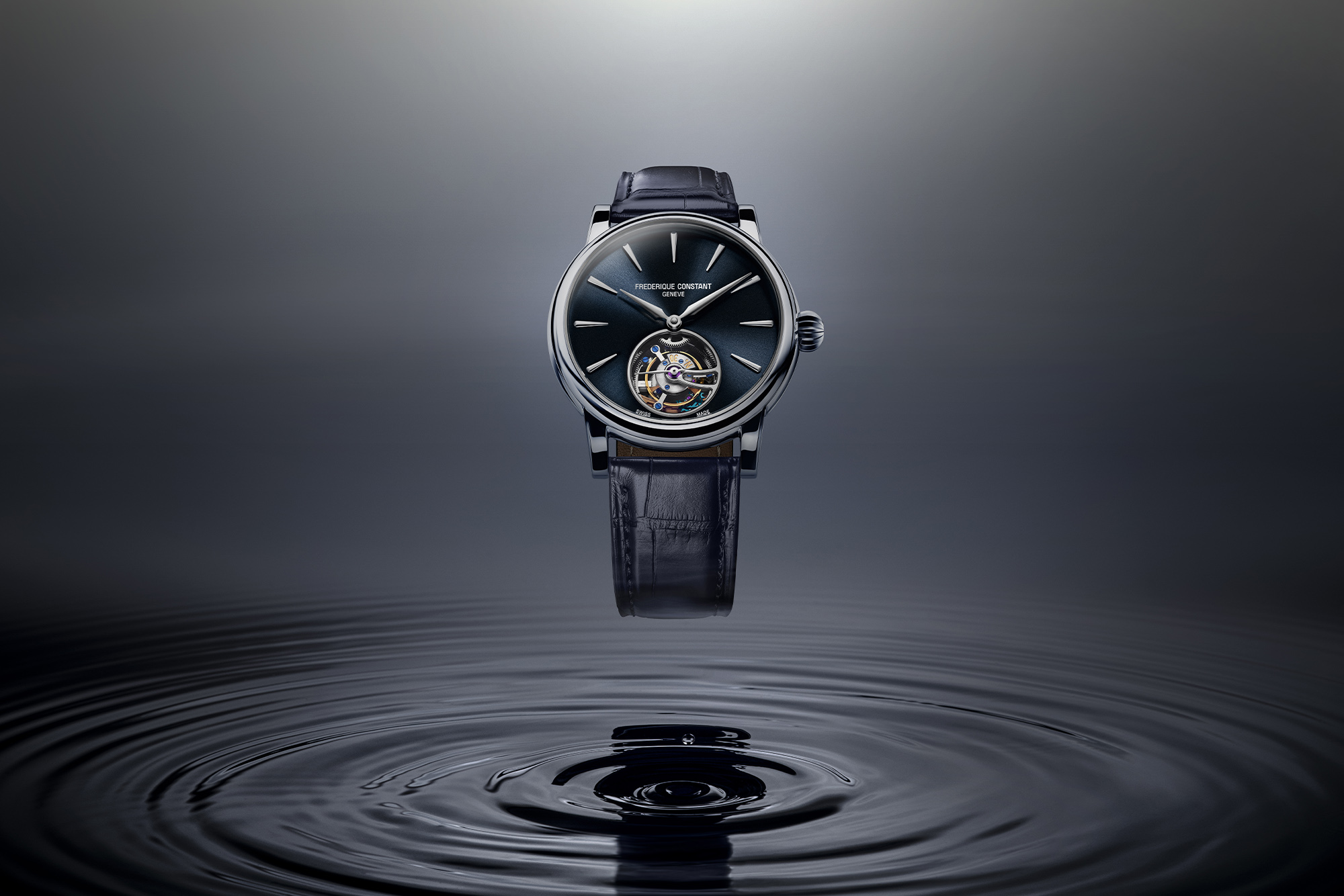 Frederique Constant Watch above a splash of water in black