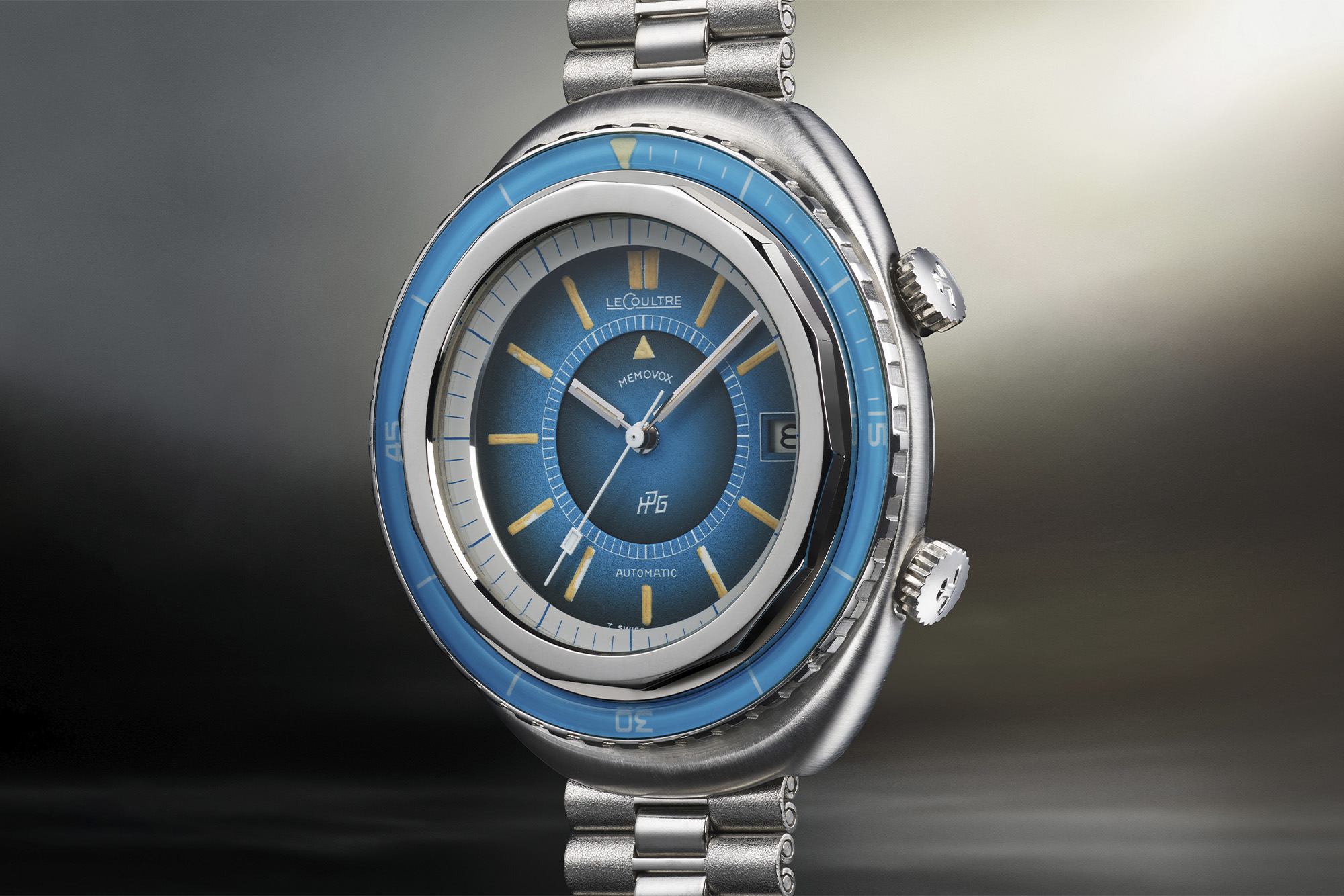 Jaeger-LeCoultre watch dial in blue with steel band