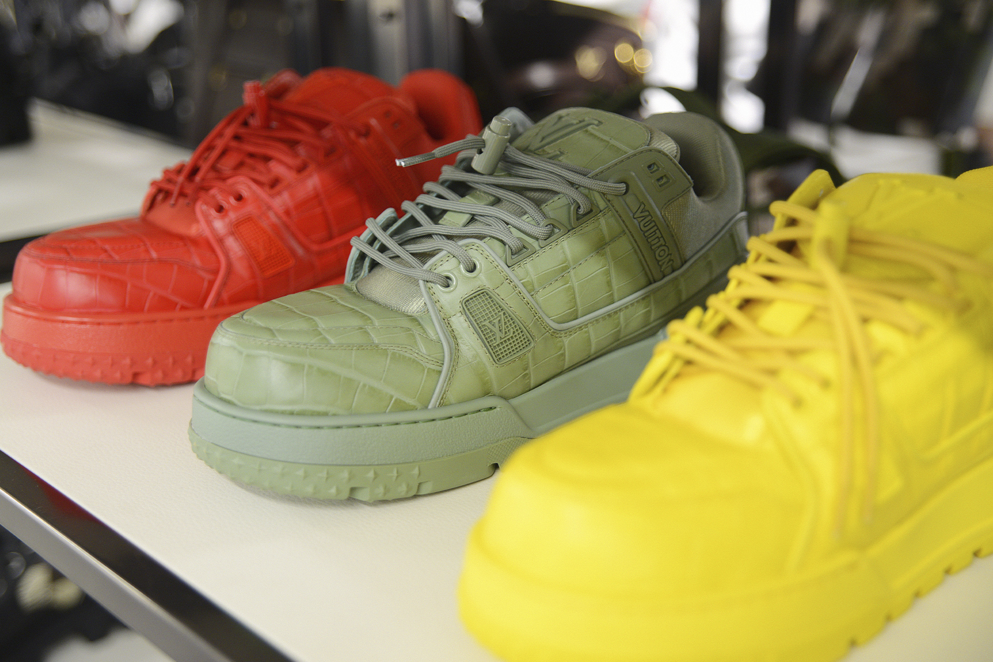 Pharrell Williams Louis Vuitton Men's Spring-Summer 2024 model shoes in red green yellow