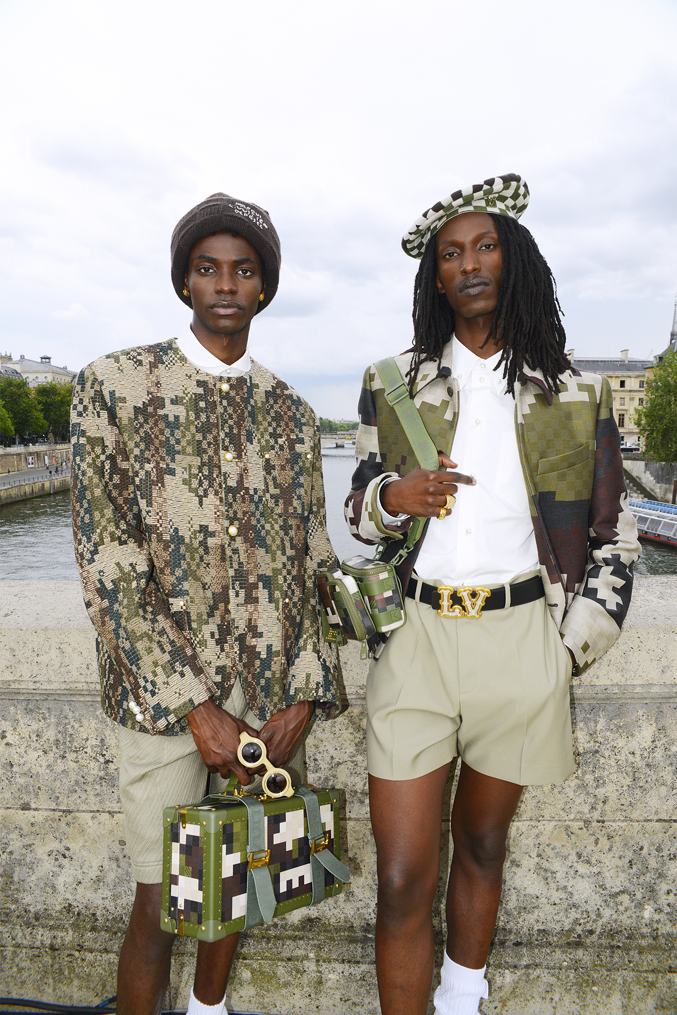 Pharrell Williams Louis Vuitton Men's Spring-Summer 2024 models in camp pixels