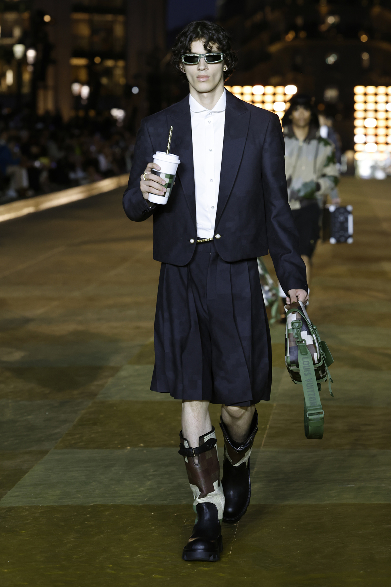 Pharrell Williams Louis Vuitton Men's Spring-Summer 2024 model in suit and skirt