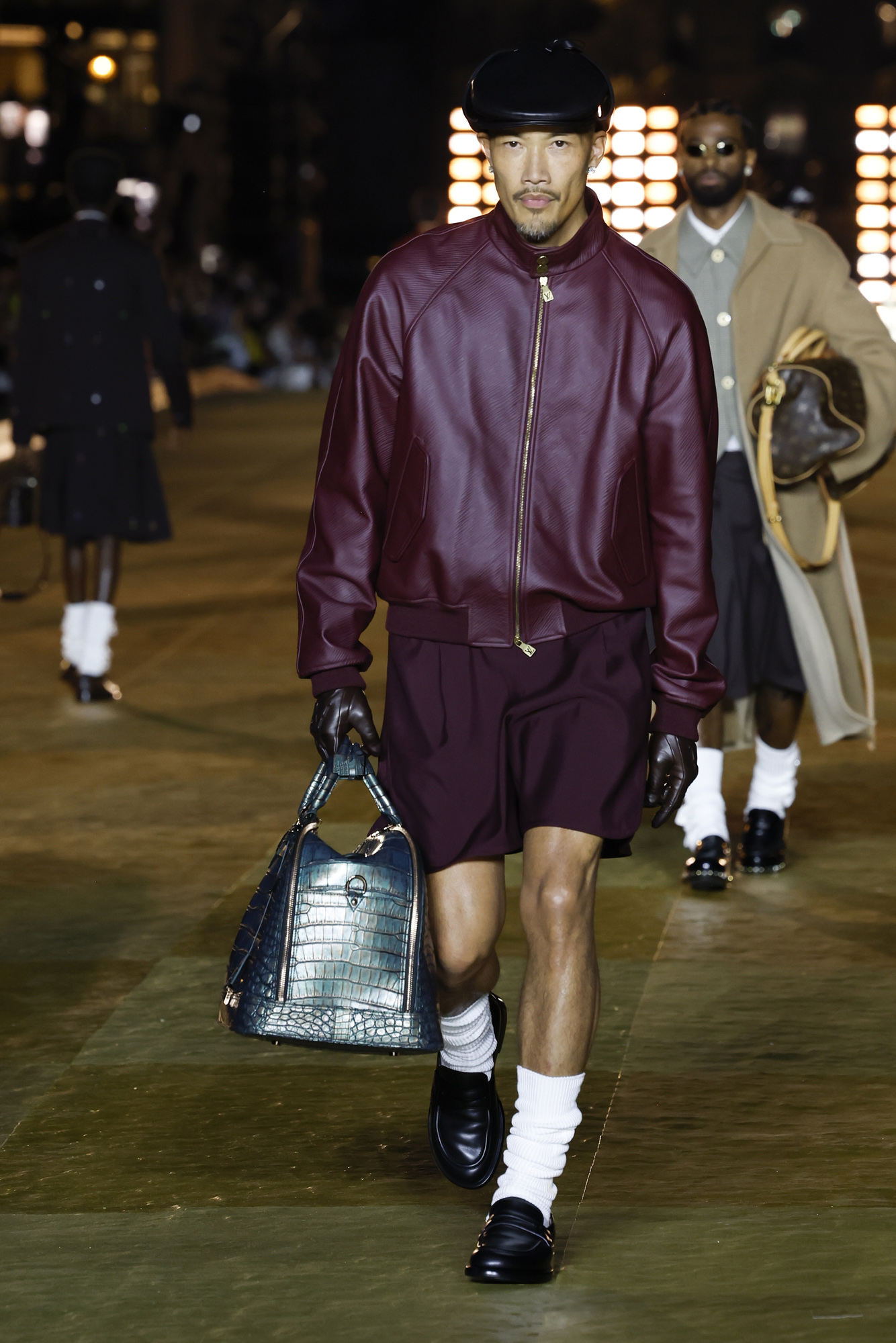 Pharrell Williams Louis Vuitton Men's Spring-Summer 2024 model in burgundy