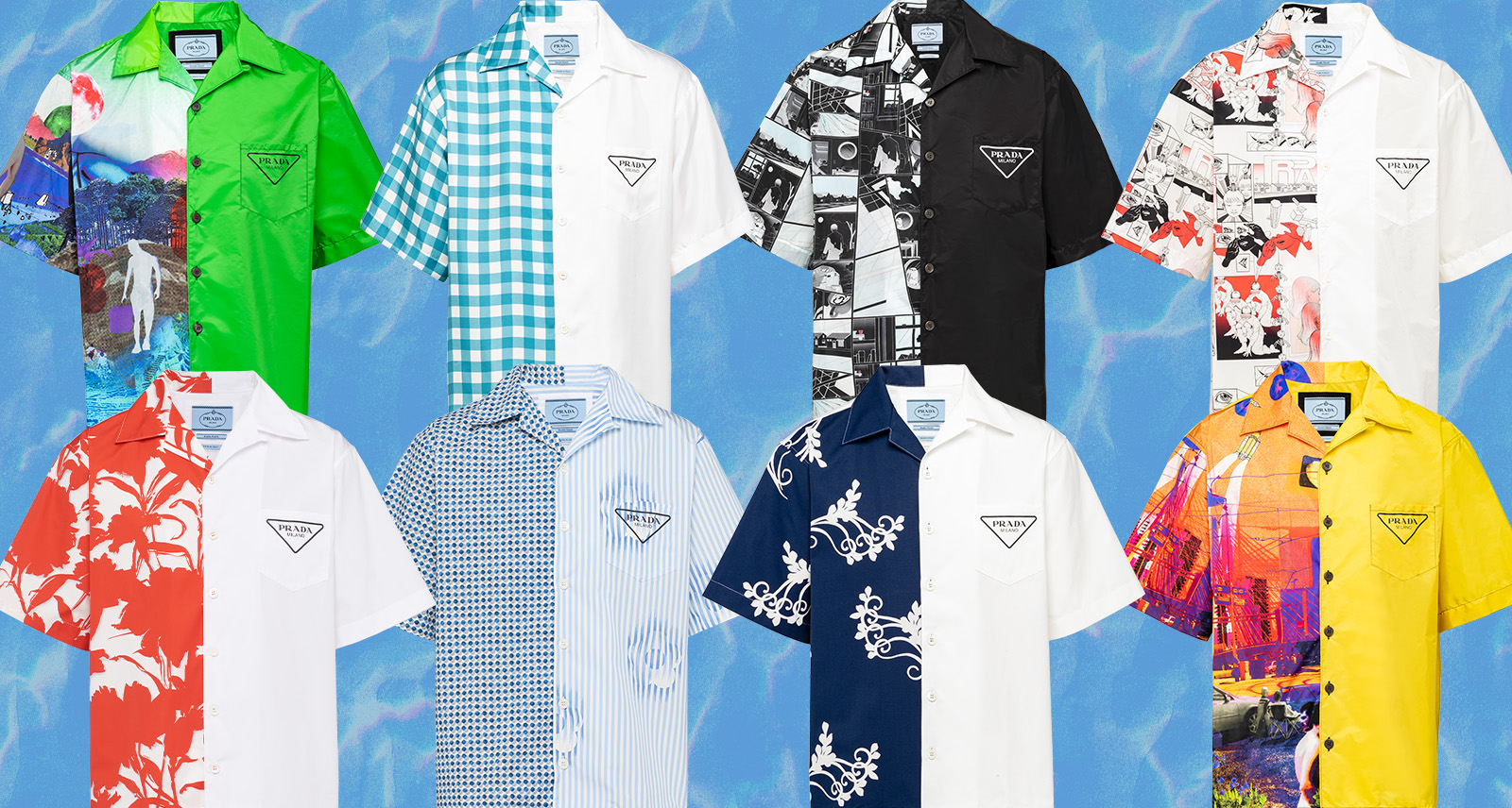 Prada Double Match Shirt collage of all eight styles with water-textured blue background