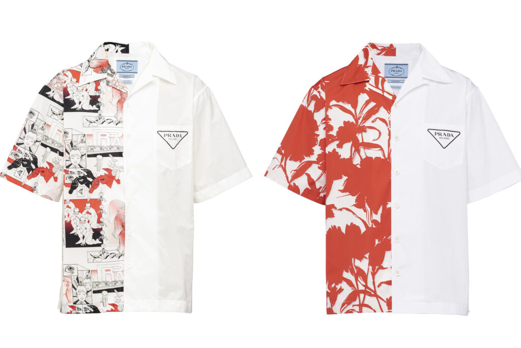 Prada Double Match Shirt comic DNA & CRISPR on left, carnation print on right