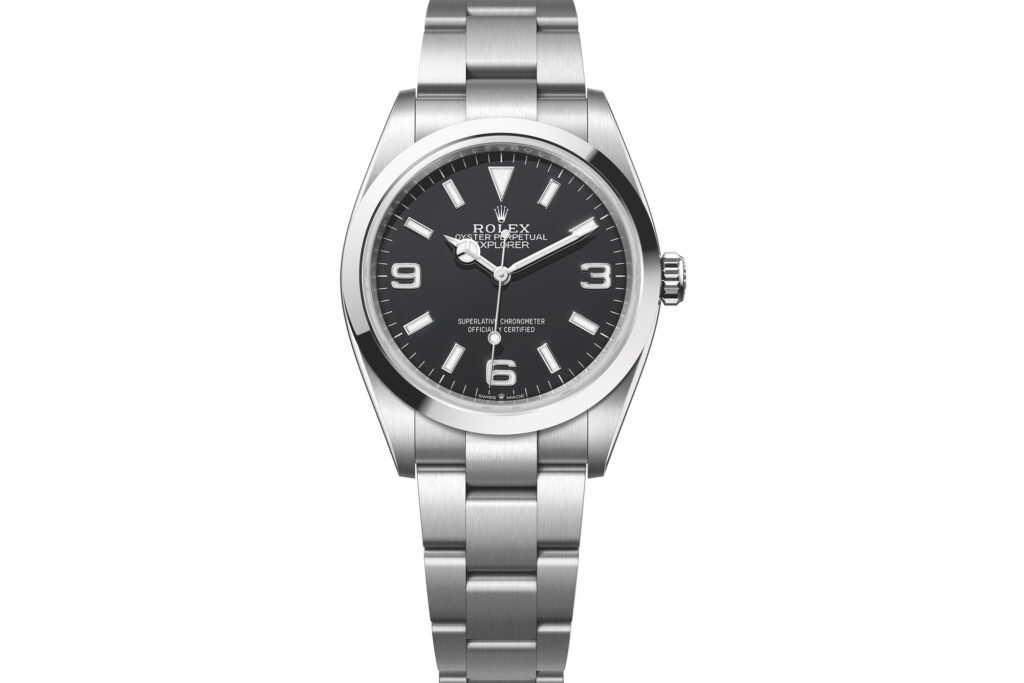 Rolex Oyster Perpetual Explorer watch in silver with black dial