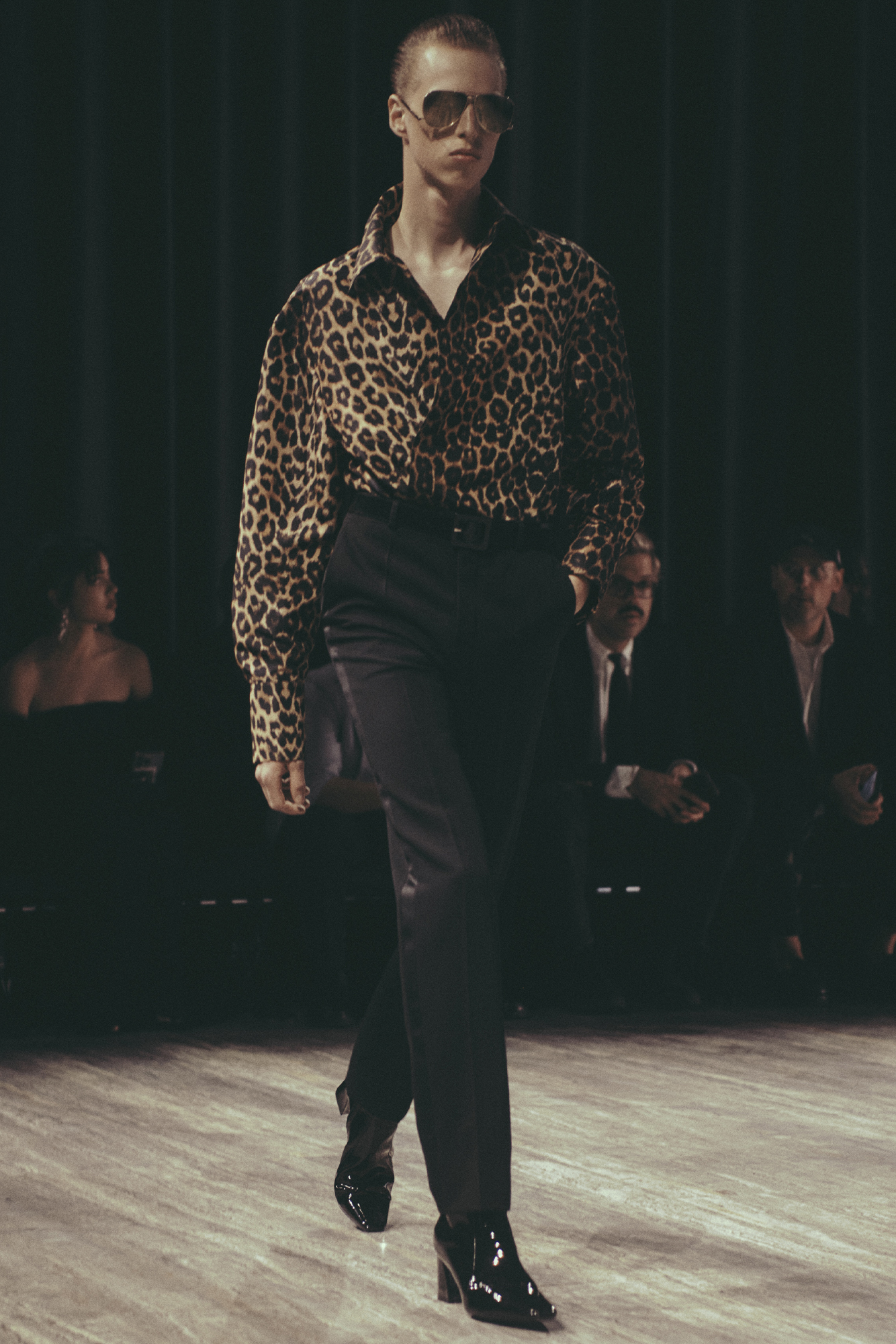 Saint Laurent Spring/Summer 2024 menswear model walking in leopard print shirt