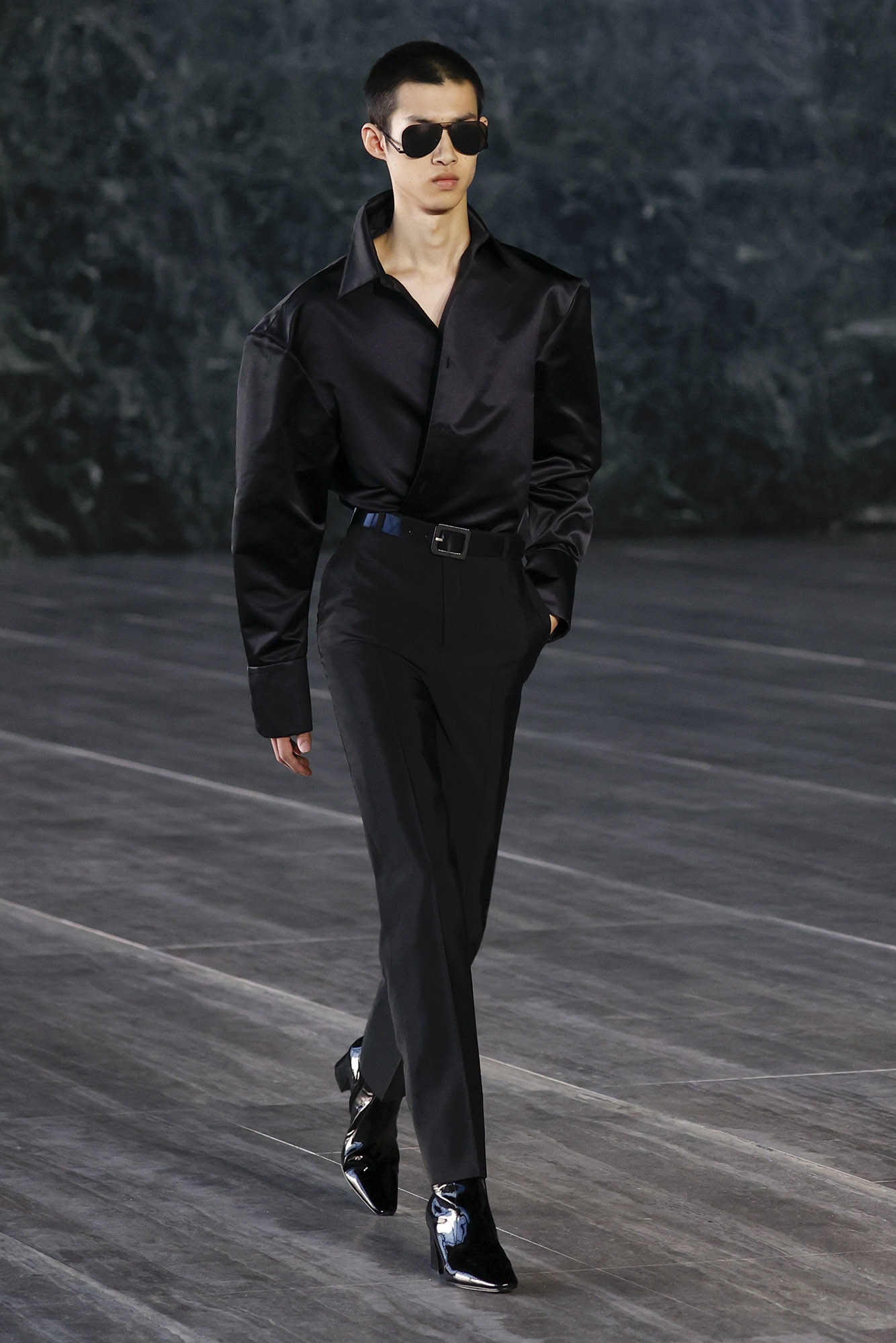 Saint Laurent Spring/Summer 2024 male model in black outfit on runway