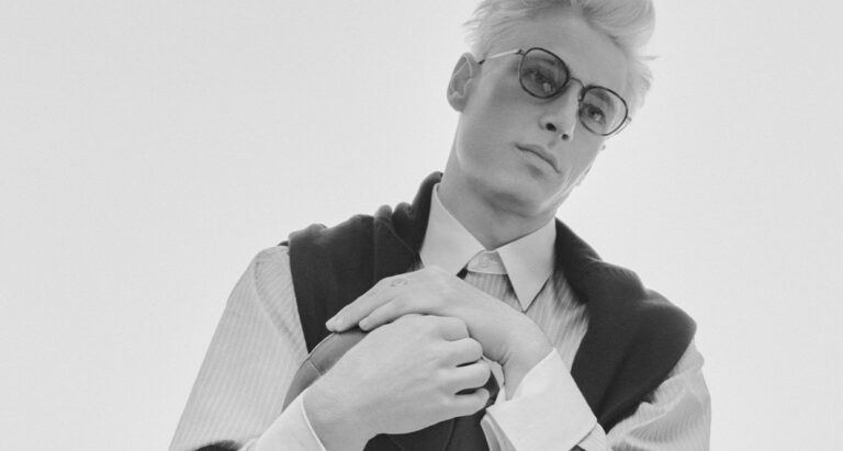 Male model in black and white, close up from shoulders up with glasses