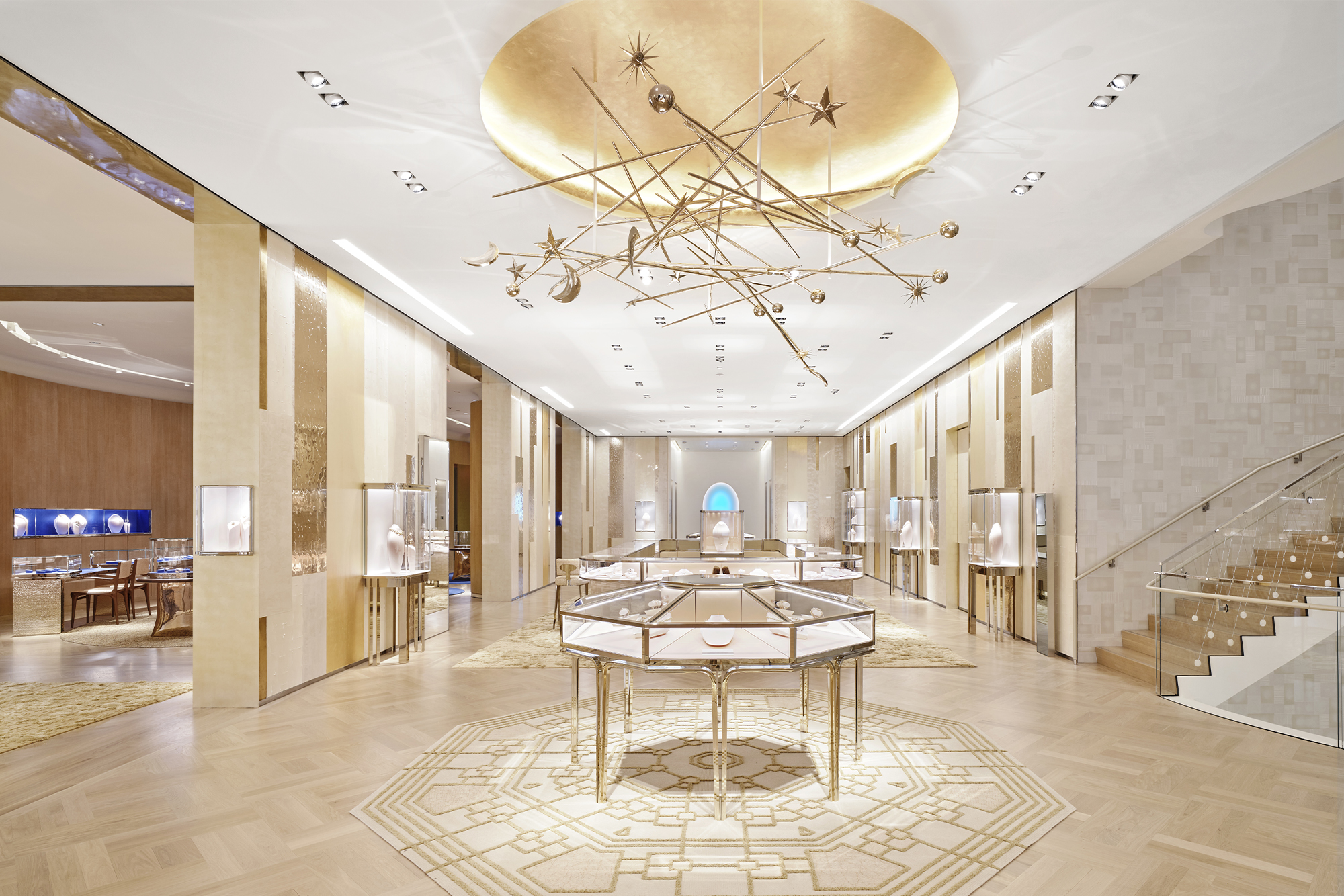 Tiffany & Co. The Landmark interior gold tiled floor with ceiling hanging