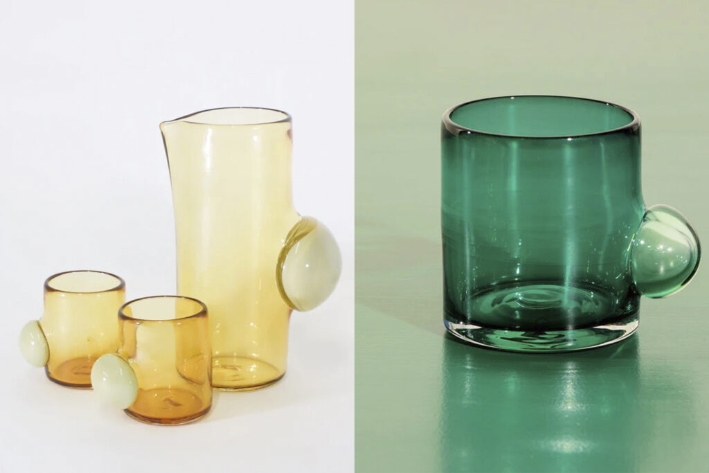 Bubble collection by sticky glass, yellow pitcher set on left, green cup on right