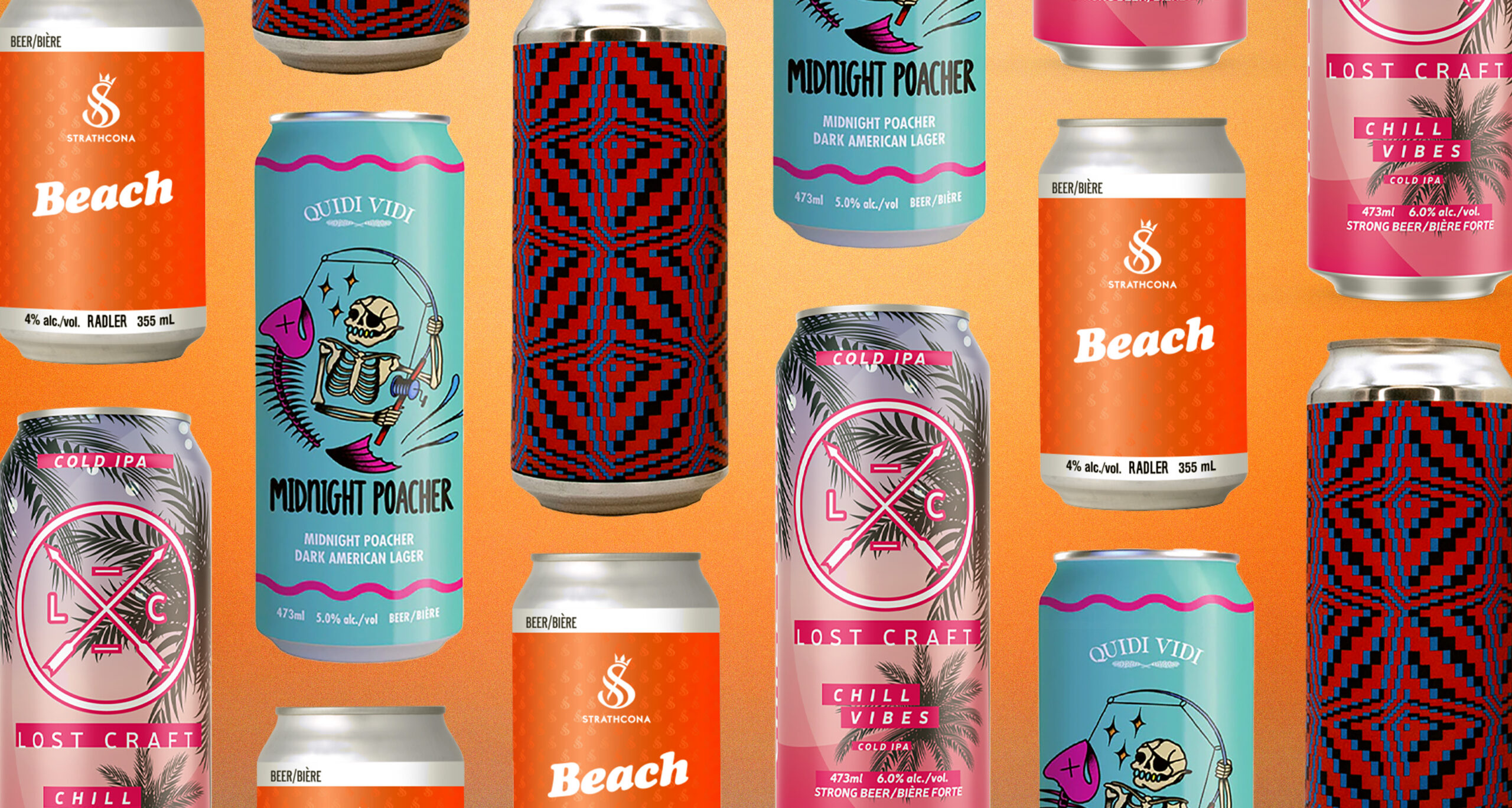 Collage of craft beer cans on orange background