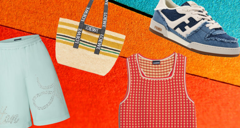 Collage on red, orange, and blue background with Loewe bag, Louis Vuitton shorts, jacquemus tank top, and fend shoes