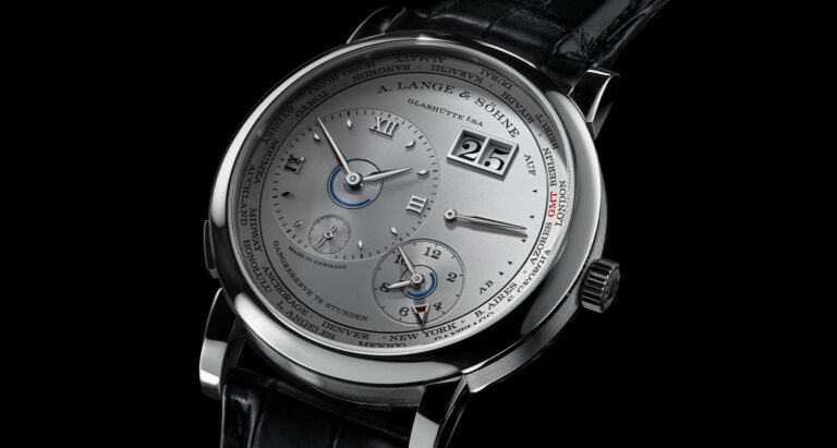 A. Lange & Söhne’s Lange One dial close up with black background