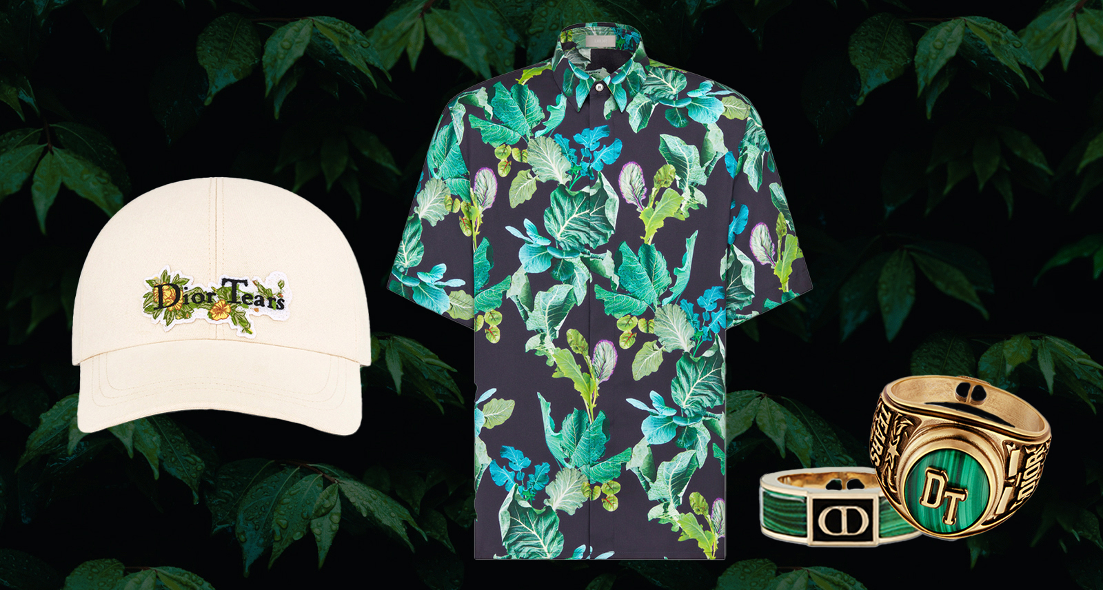 left to right: Dior Tears Cap, Shirt, and two rings in front of background with leaves
