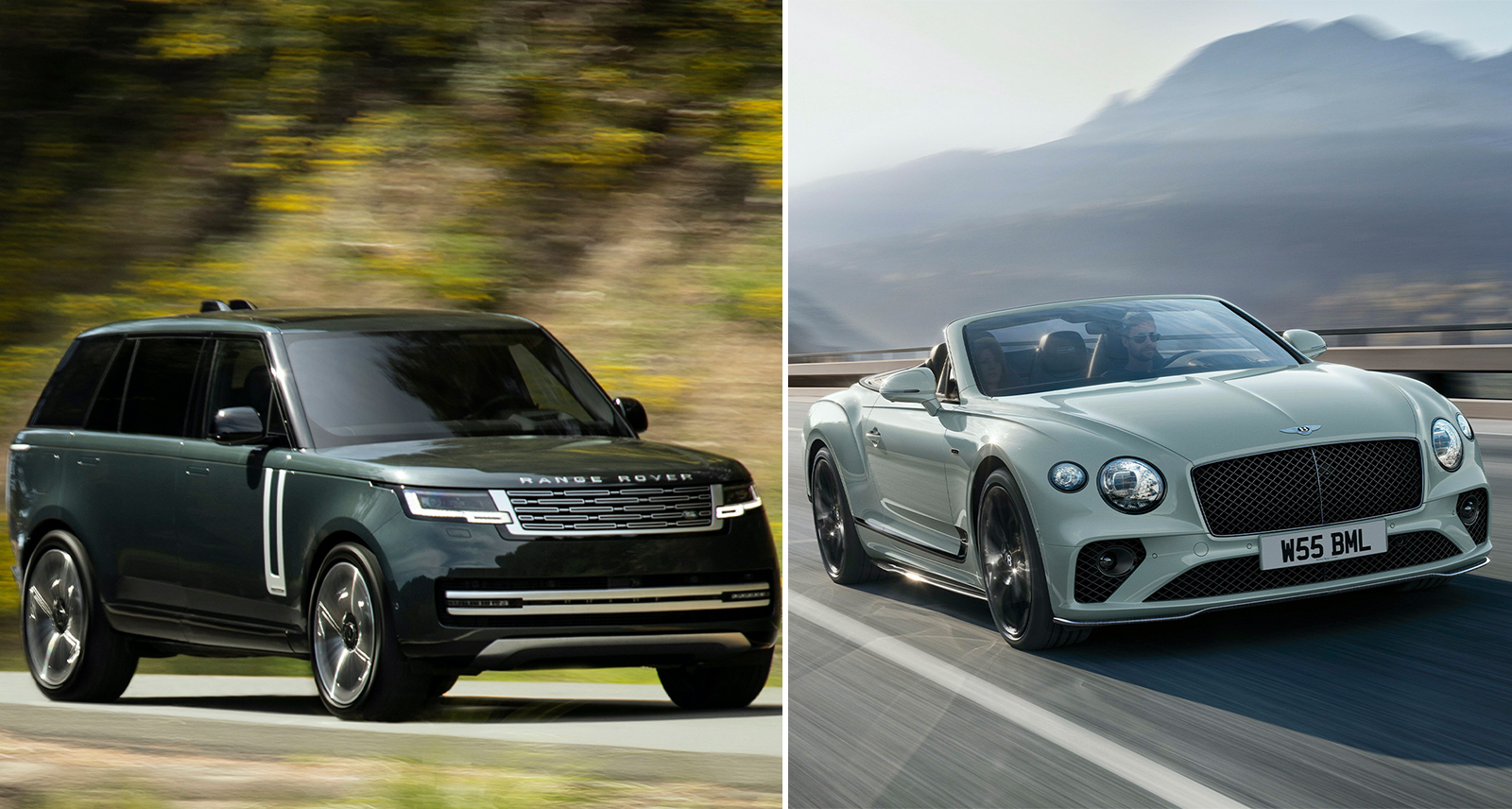 On left, Range Rover velar driving on road surrounded by grass and trees, on right: Bentley continental GTS driving on mountain road