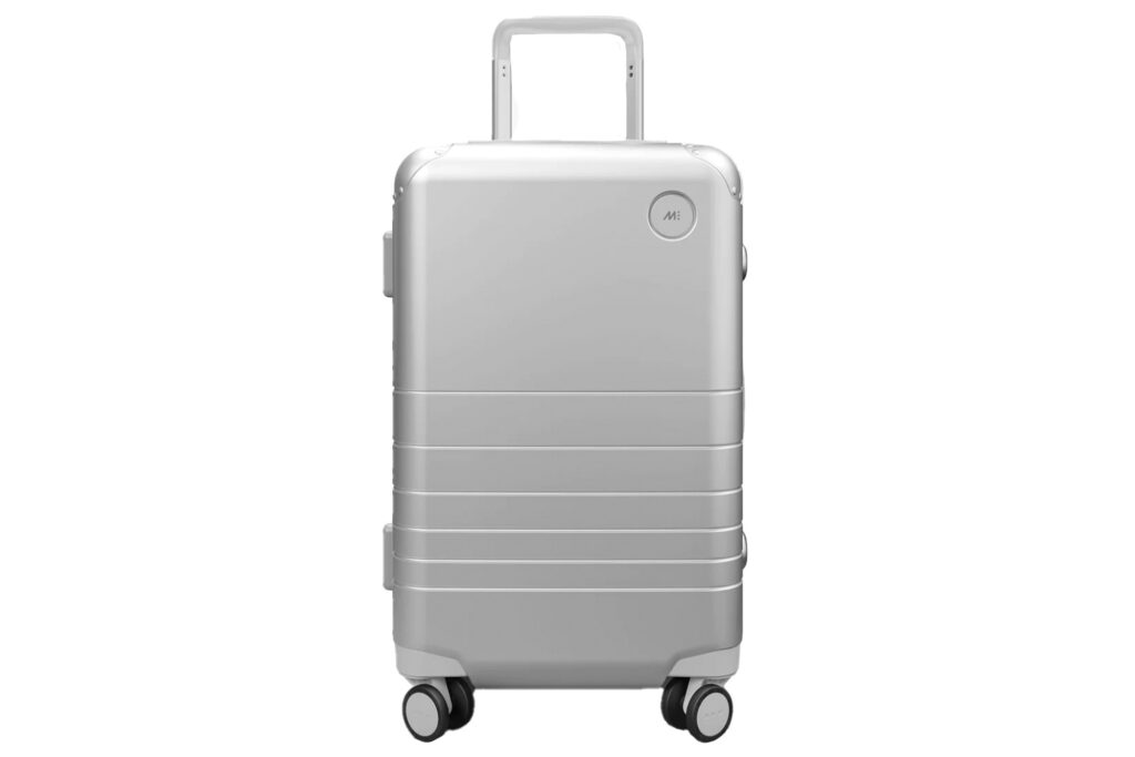 Monos Hybrid Carry On Luggage Silver chrome small rolling suitcase