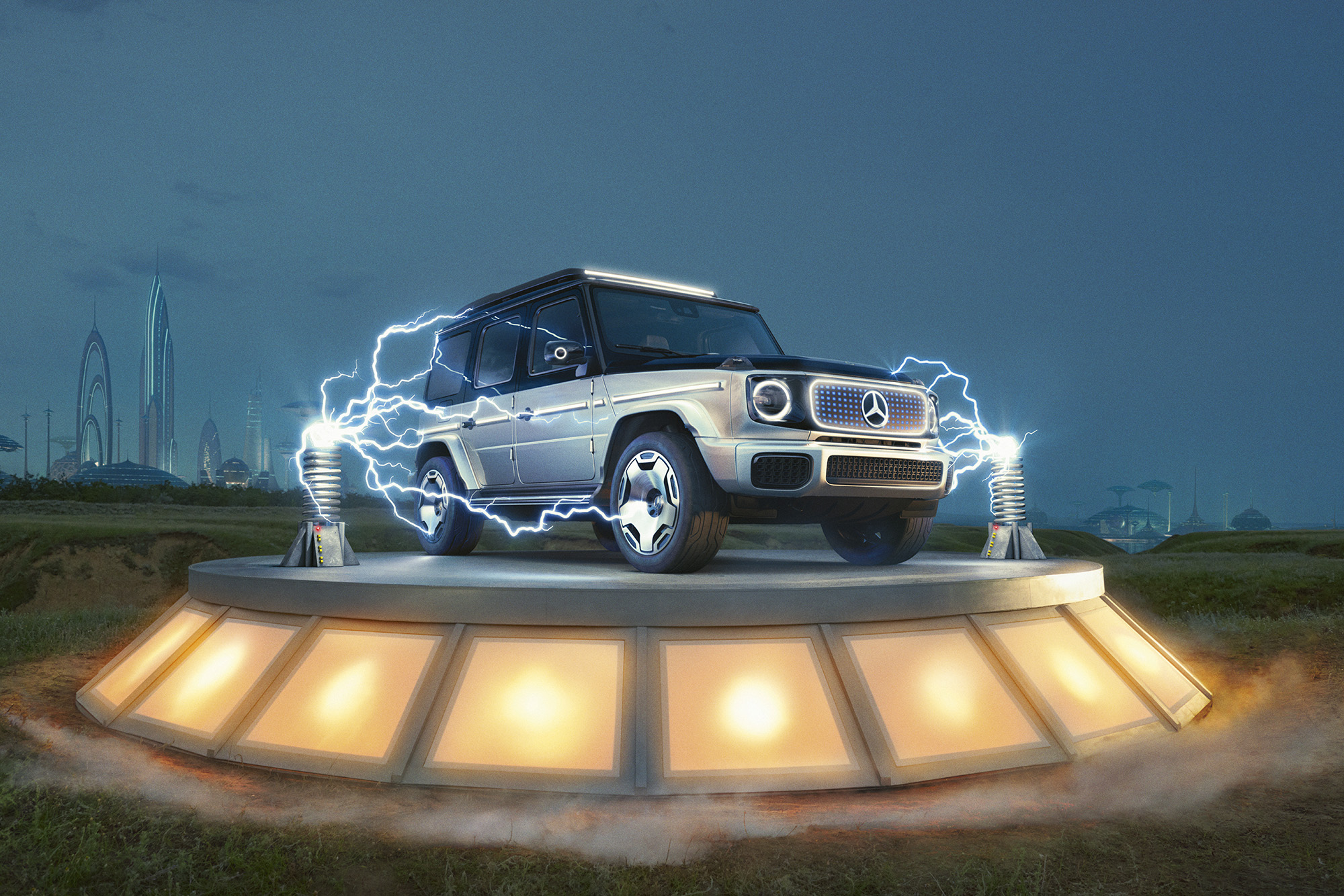 Mercedes-Benz EQG front view. Shot from the ground on elevated circular platform with ground lighting, special effects lightning bolts surround the car