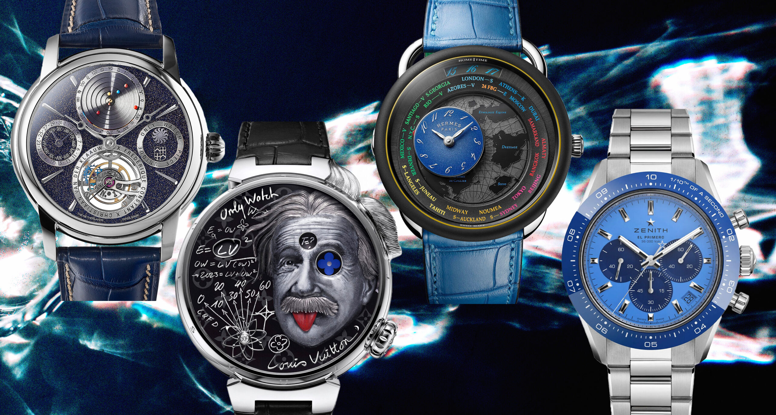 Only Watch 2023 collage of watches mostly blue on black background