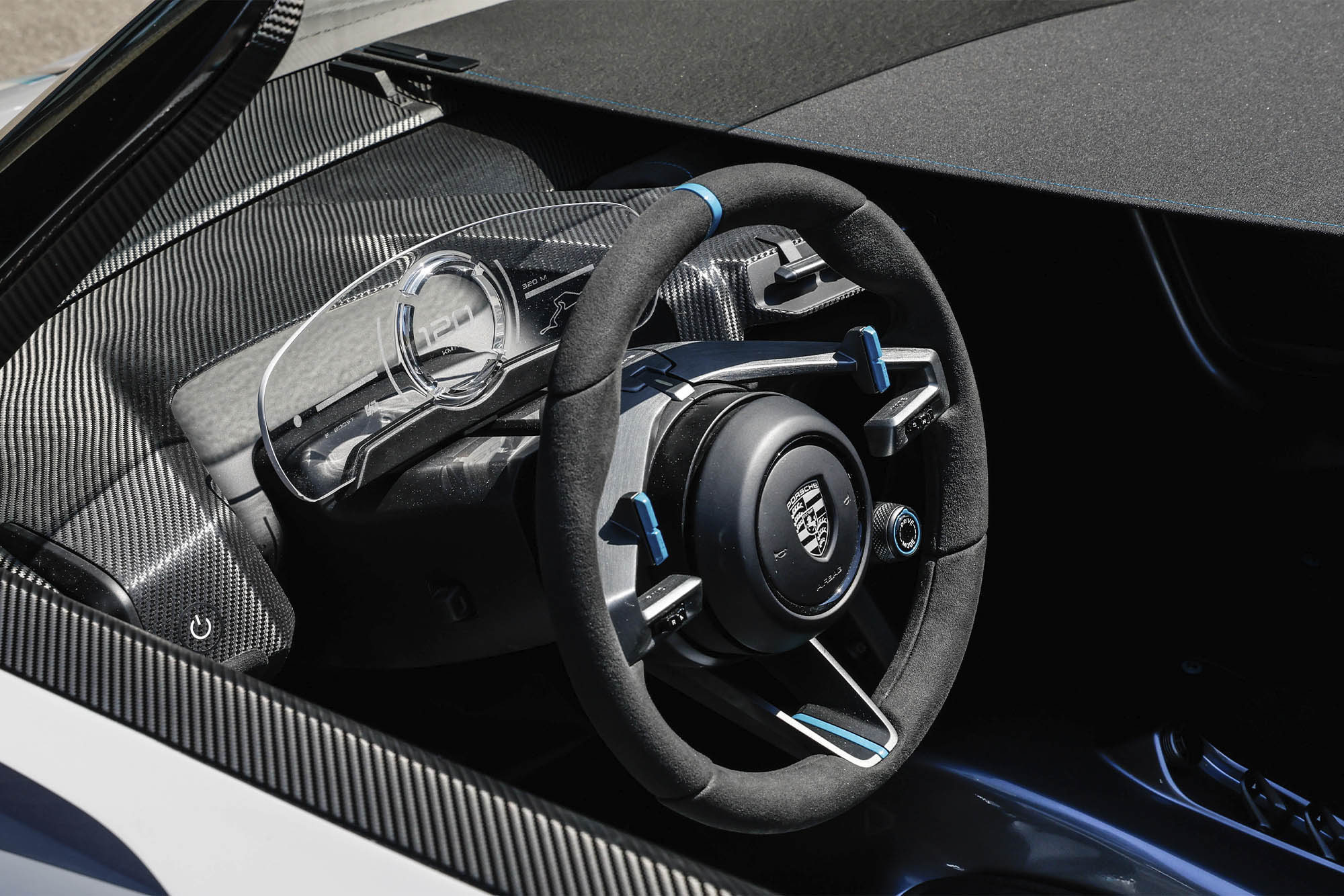 Porsche Vision 357 Speedster view of black interior steering wheel shot from outside