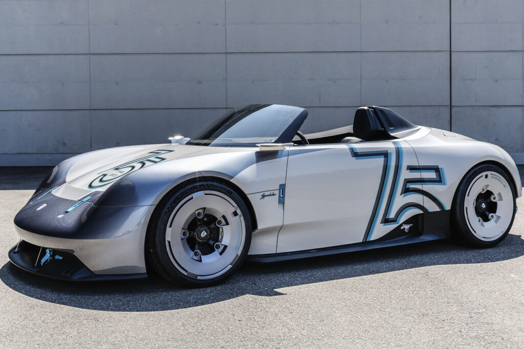 Porsche Vision 357 Speedster parked in parking lot shot from the front-side angle