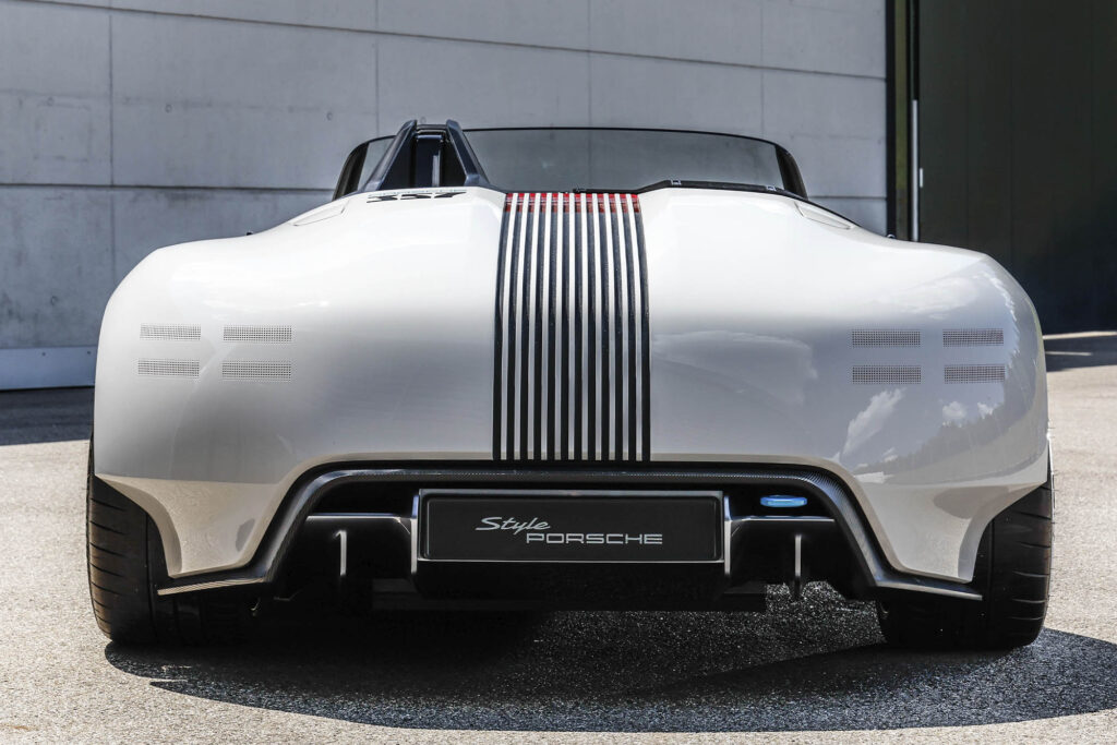 Porsche Vision 357 Speedster white car with black striped in the centre, shot from the back