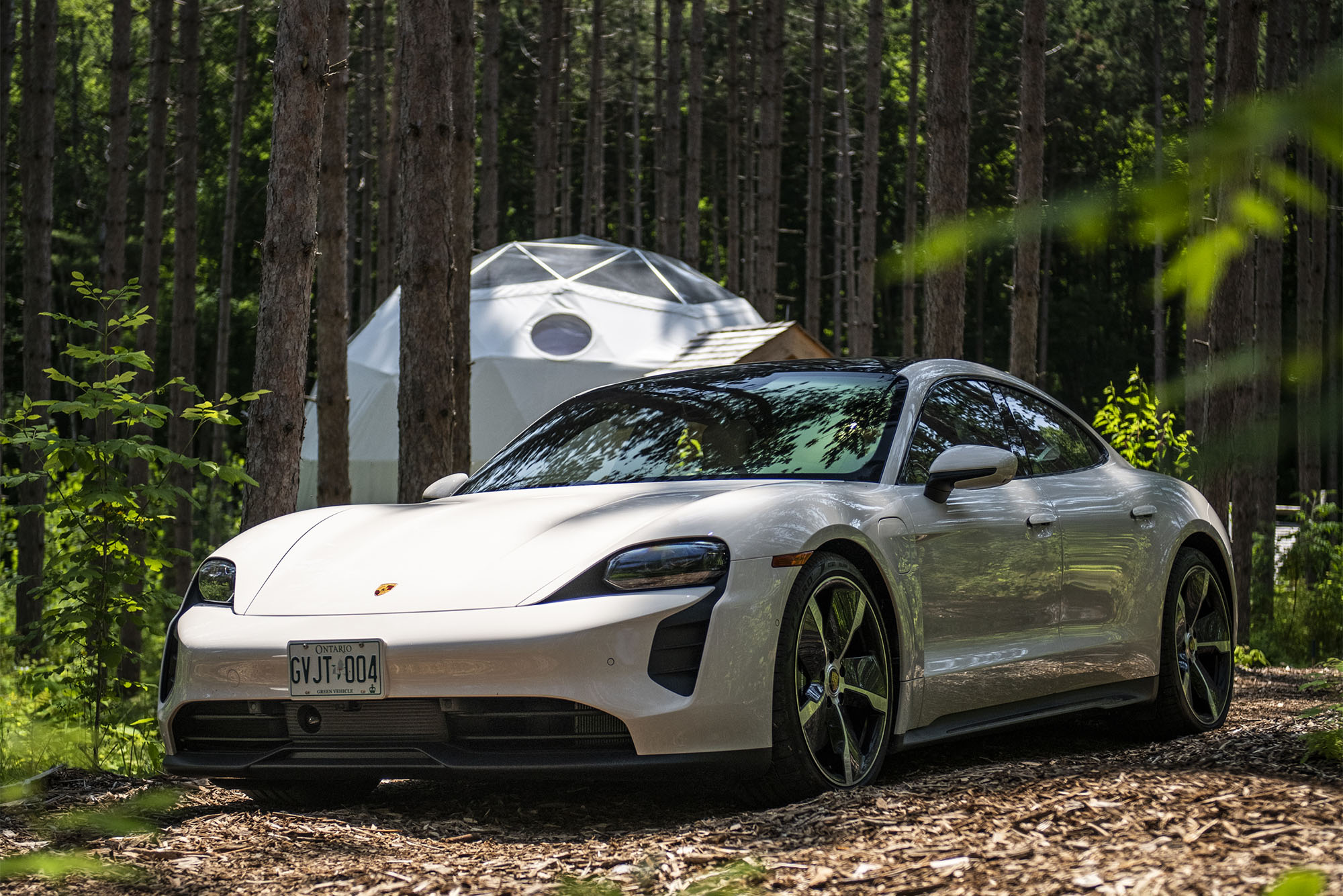 Porsche Taycan GTS parked in forest
