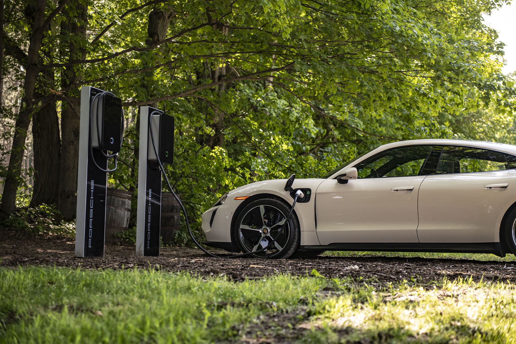 Porsche Taycan GTS plugged in charging