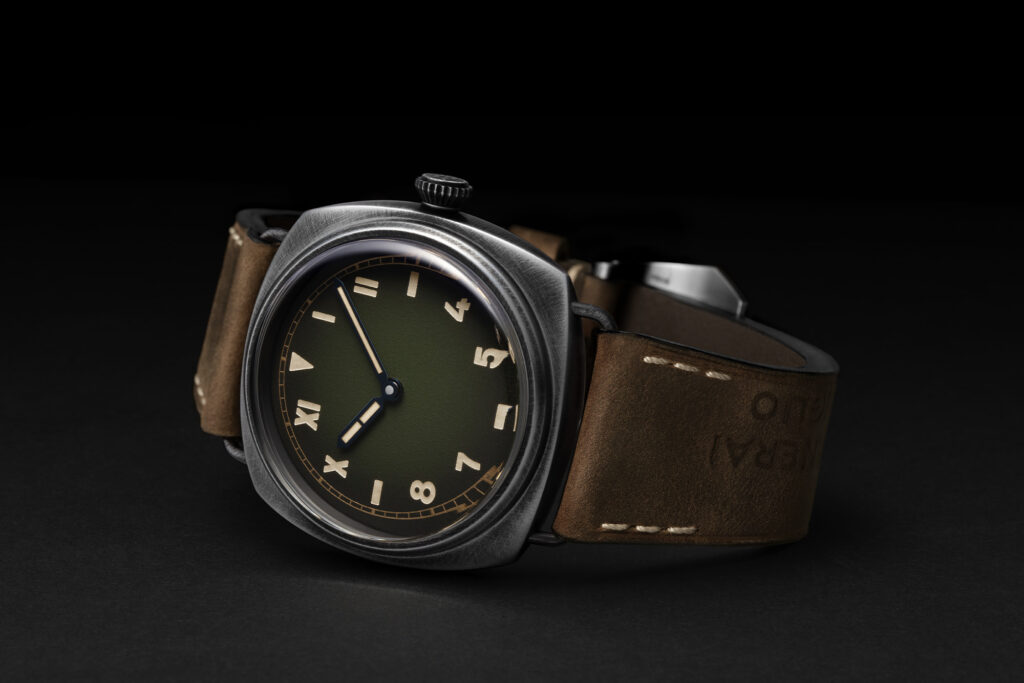 Panerai Radiomir California, green dial watch with brown strap closed
