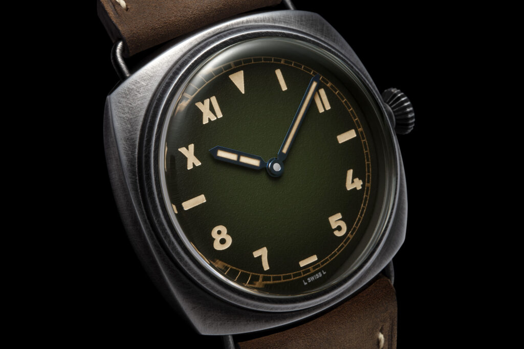 Panerai Radiomir California, close up of green dial watch shot at angle