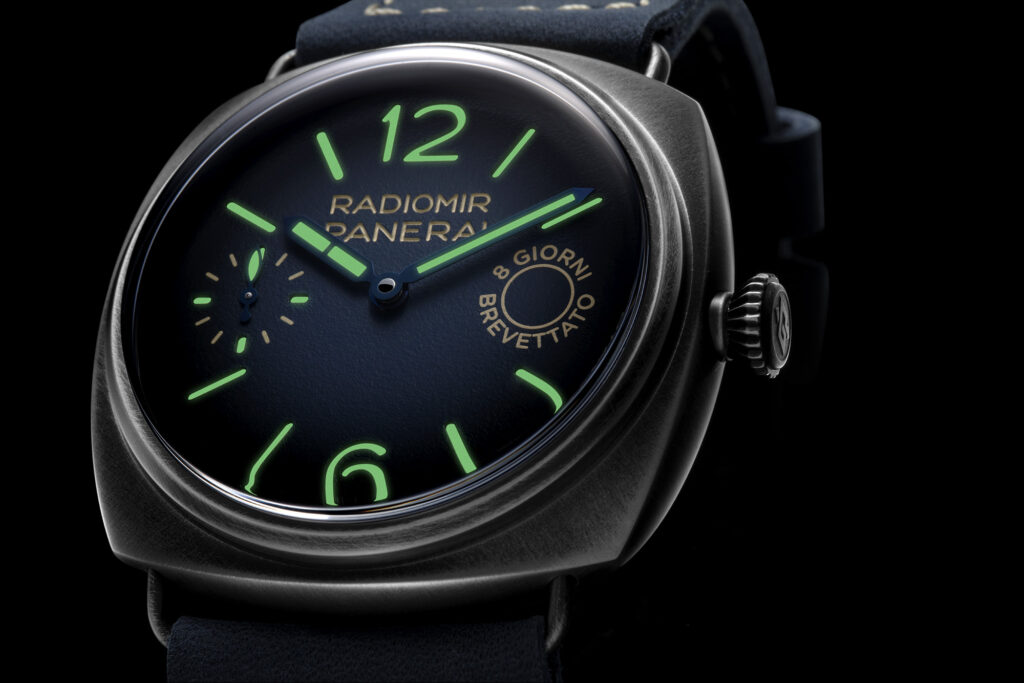 Panerai Radiomir dial close up with numbers and hands lit up green