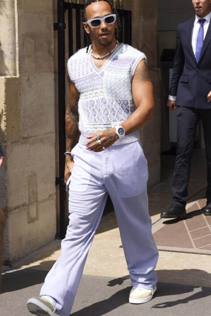 Lewis Hamilton sleeveless shirt and lavender pants