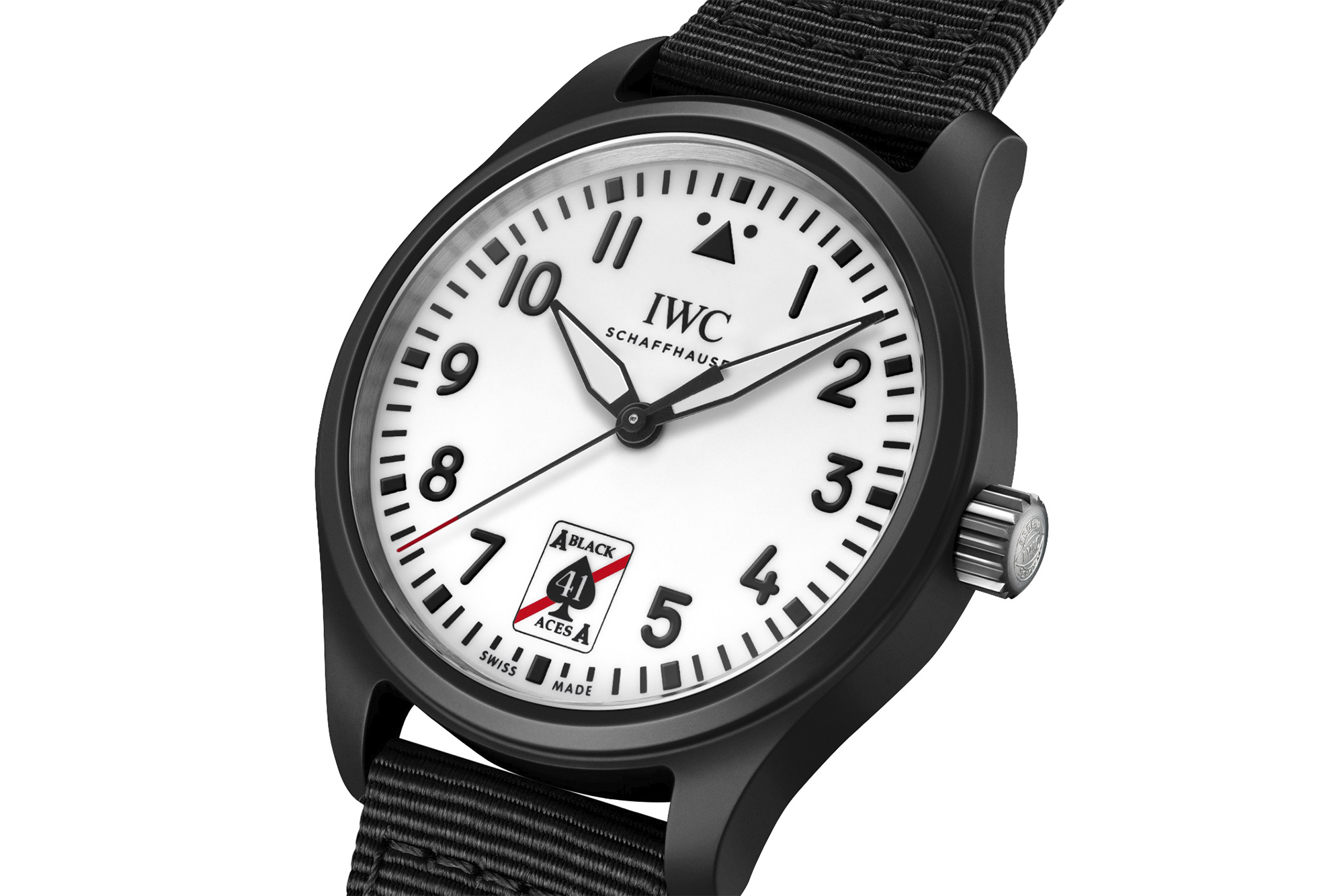 IWC Pilot’s Watch Automatic 41 Black Aces shot from the side, close to dial