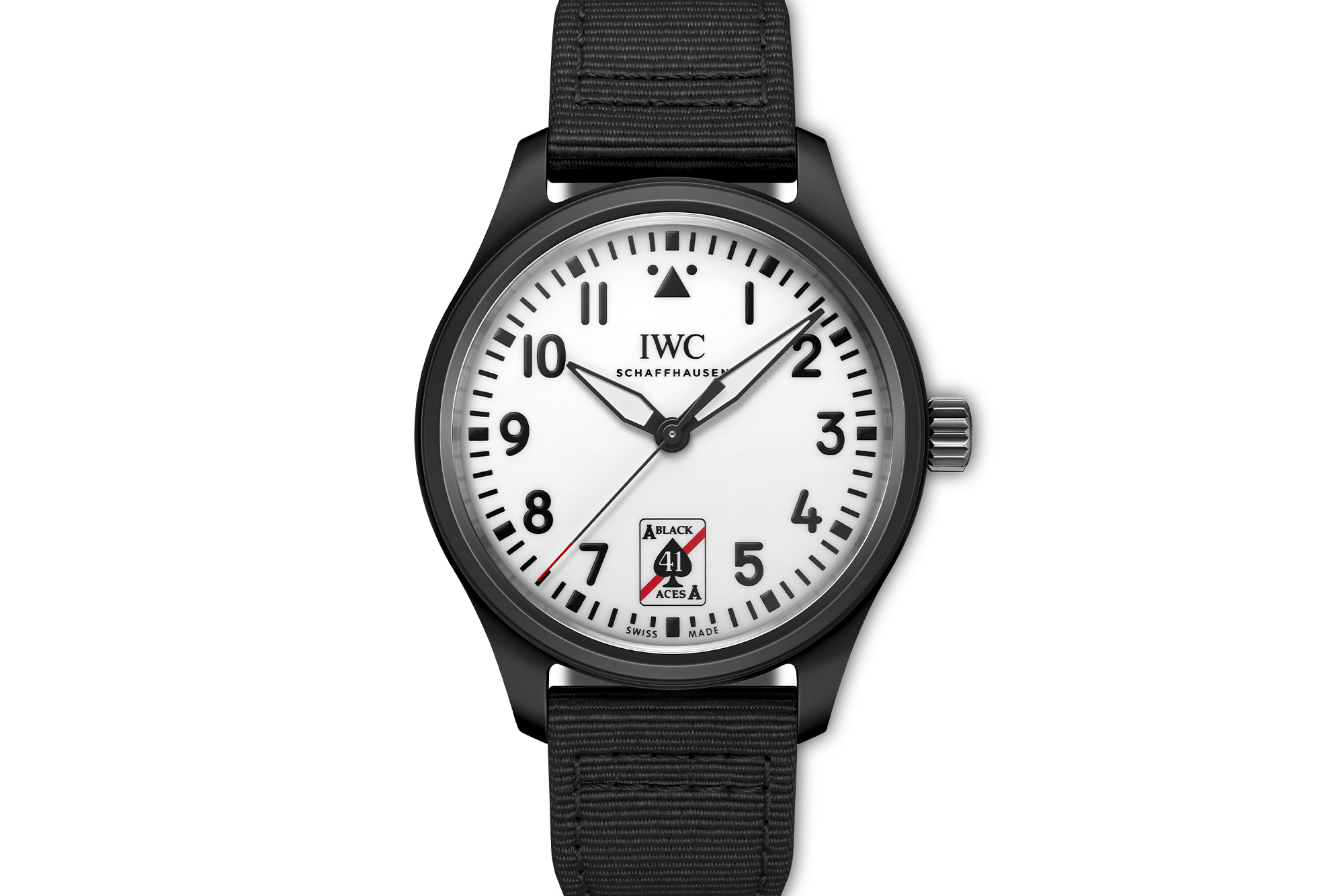 IWC Pilot’s Watch Automatic 41 Black Aces, close up of dial straight on