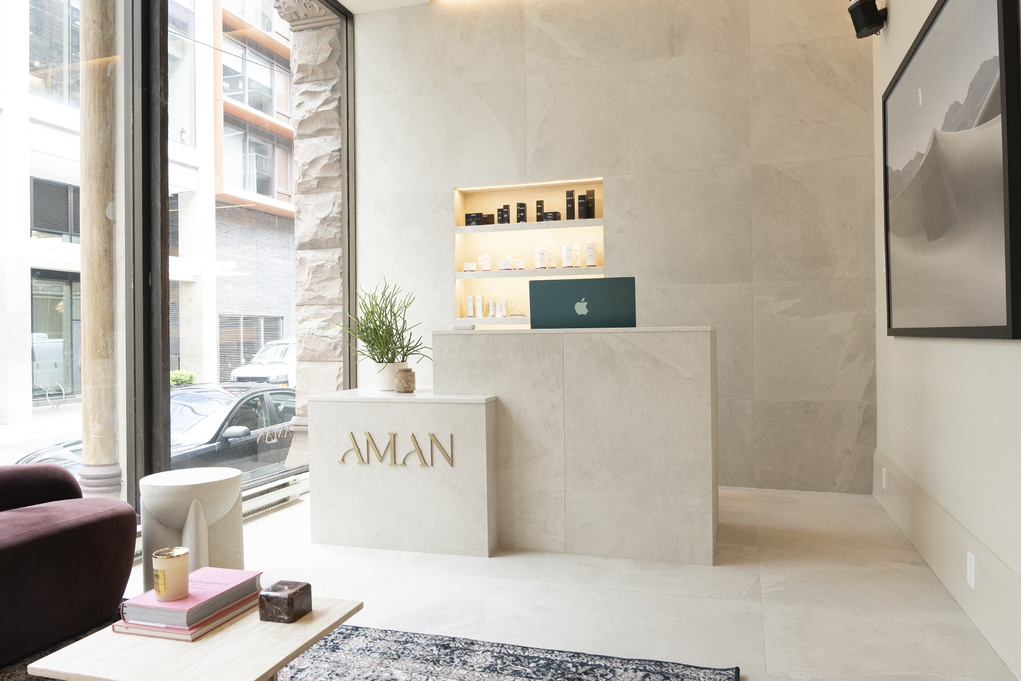 Aman Spa Toronto lobby, white stone finish