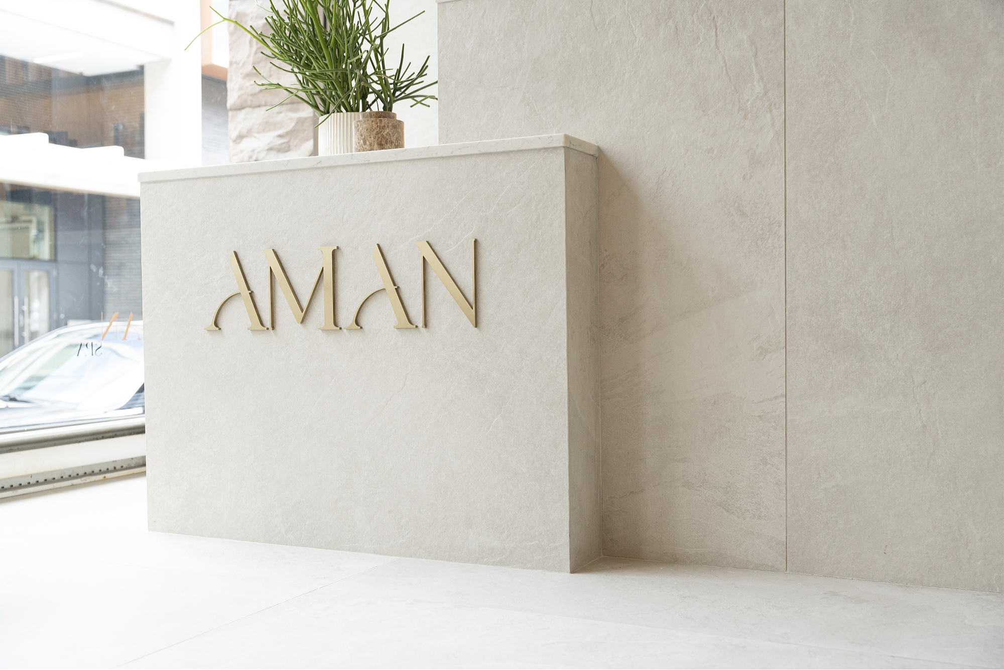 Aman Spa front desk in white stone