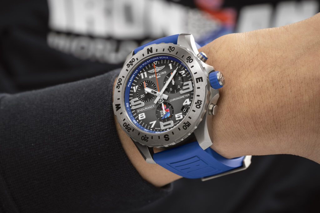 Limited Edition Breitling Endurance Pro for Ironman in blue on wrist with dial facing camera