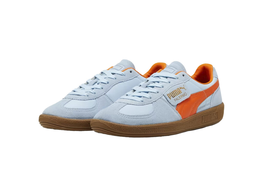 Puma Palermo shoes show British Invasion of fashion; a stock photo of white and orange shoes on white background