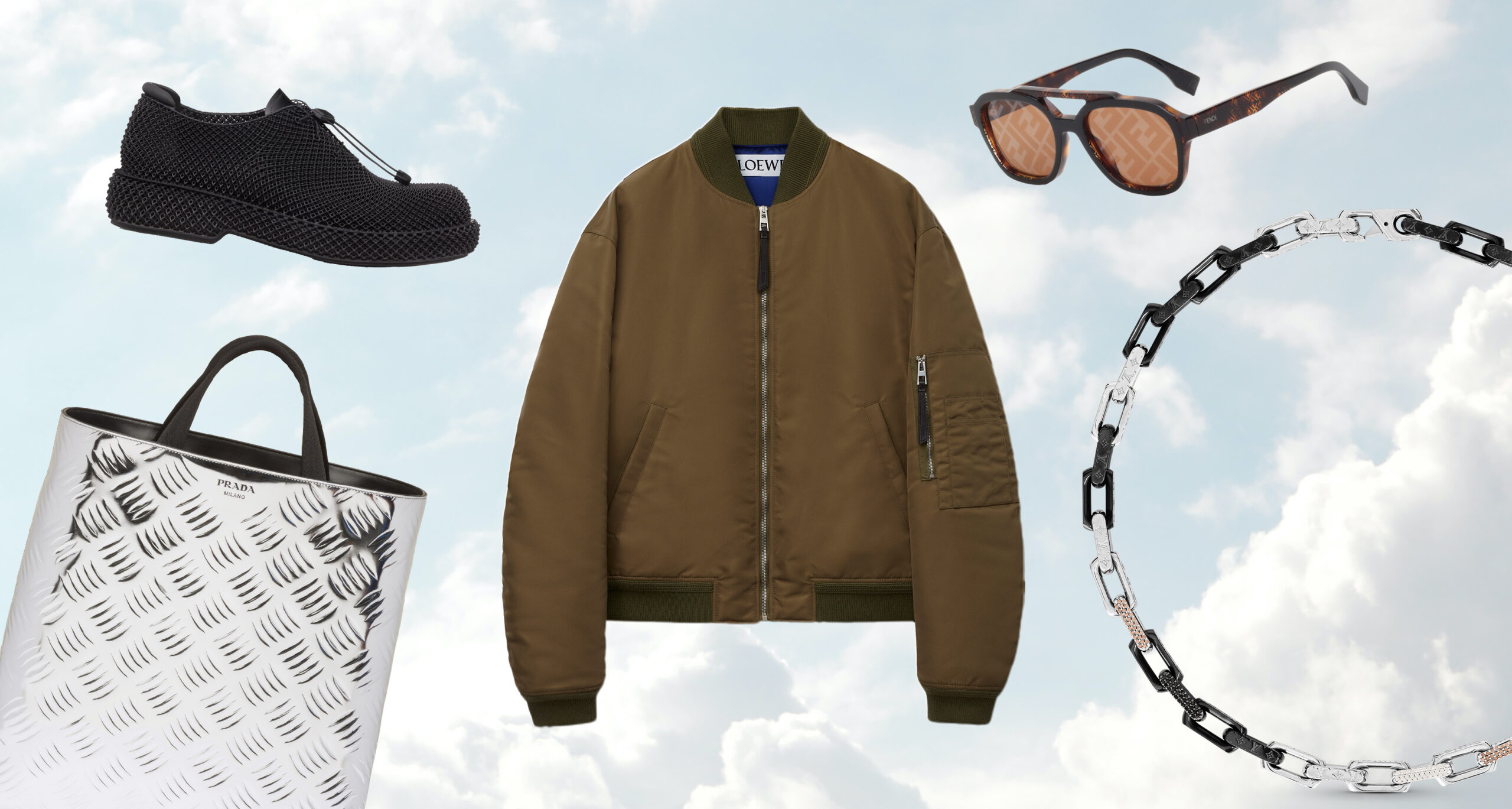 Collage of men's accessories over a cloud background