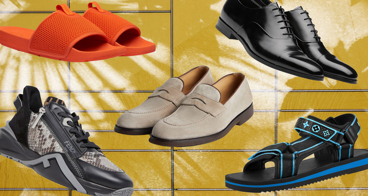 Shoes for Men Footwear guide: five pairs of shoes on mustard yellow background