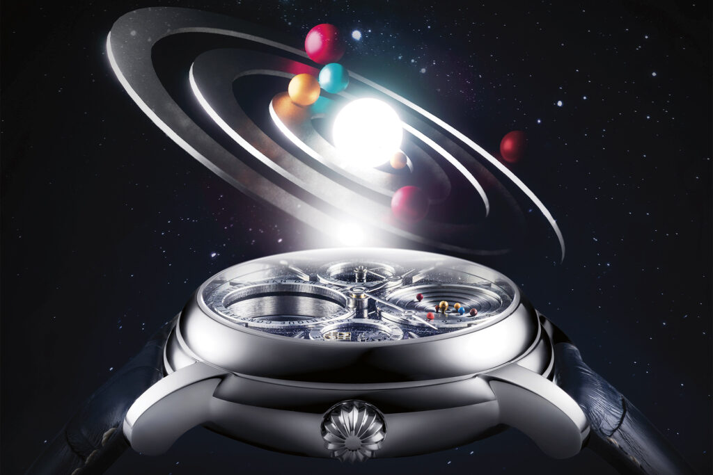 Frederique Constant x Christiaan van der Klaauw Tourbillon Planetarium for Only Watch 2023: pr shot shows side view of watch with animated solar system above