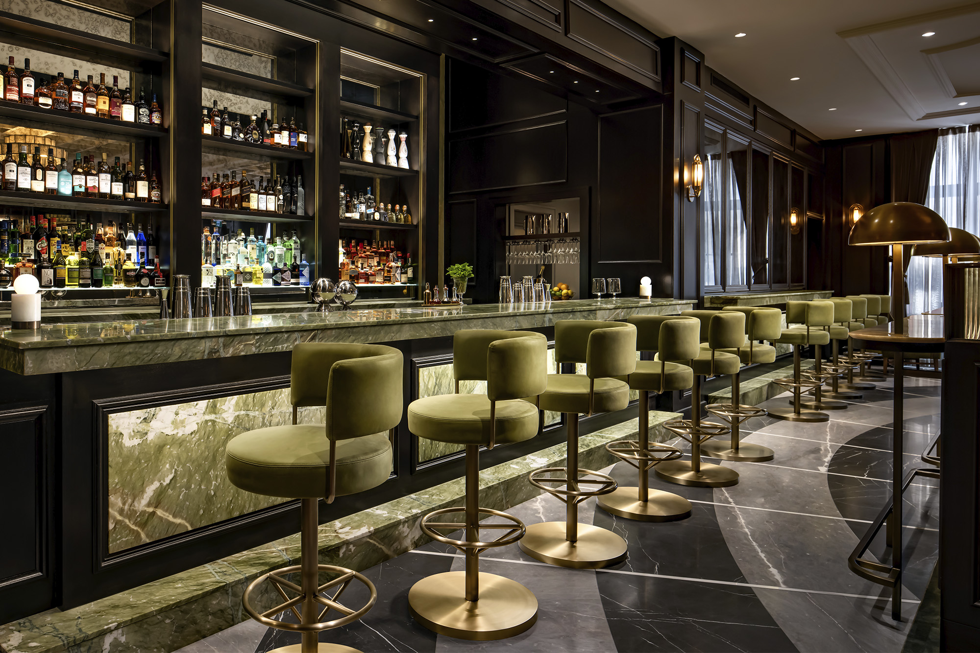 Toronto Library Bar, green barstools line a green bar