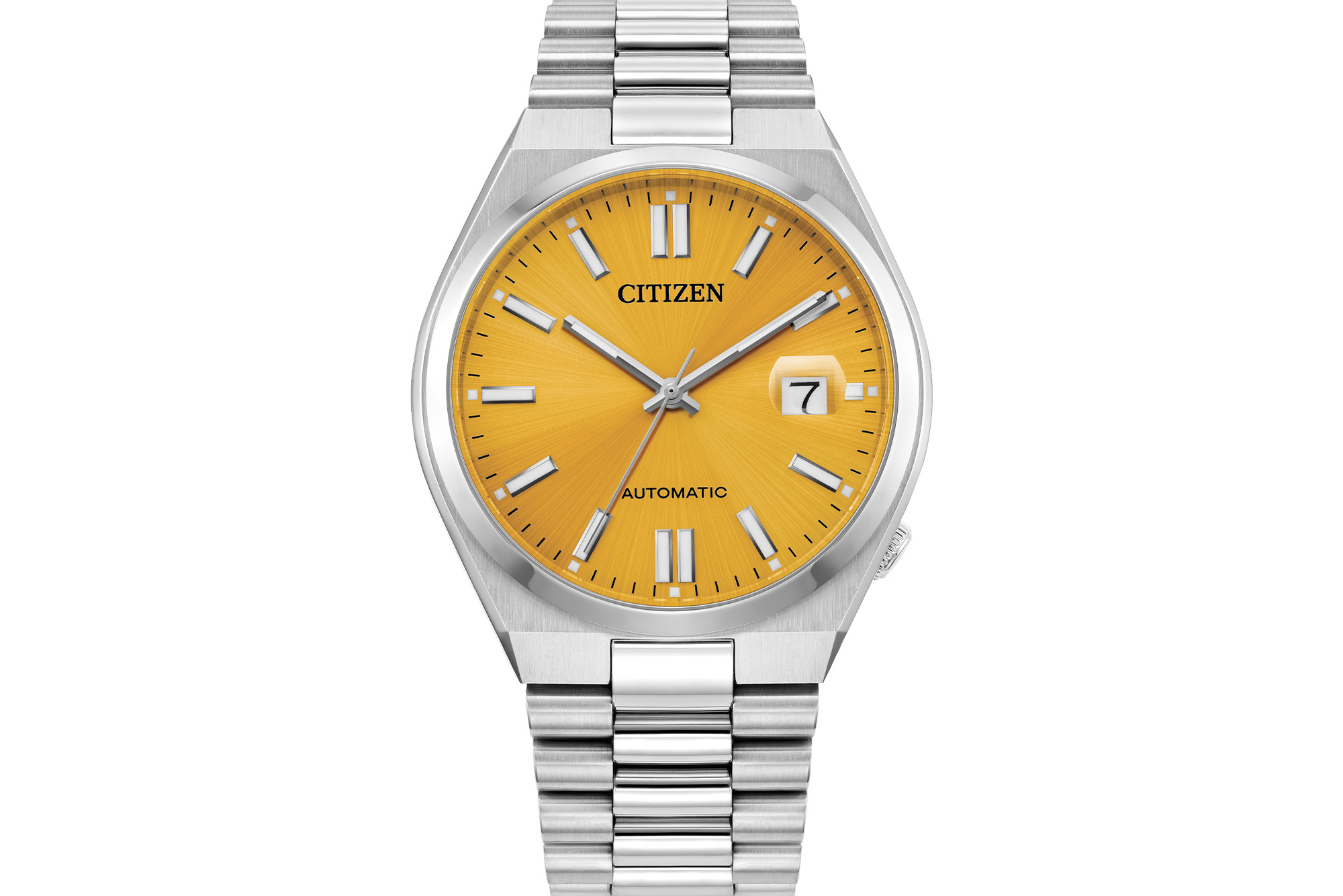 Citizen NJ015 Automatic Series “Tsuyosa” close up on yellow dial front view