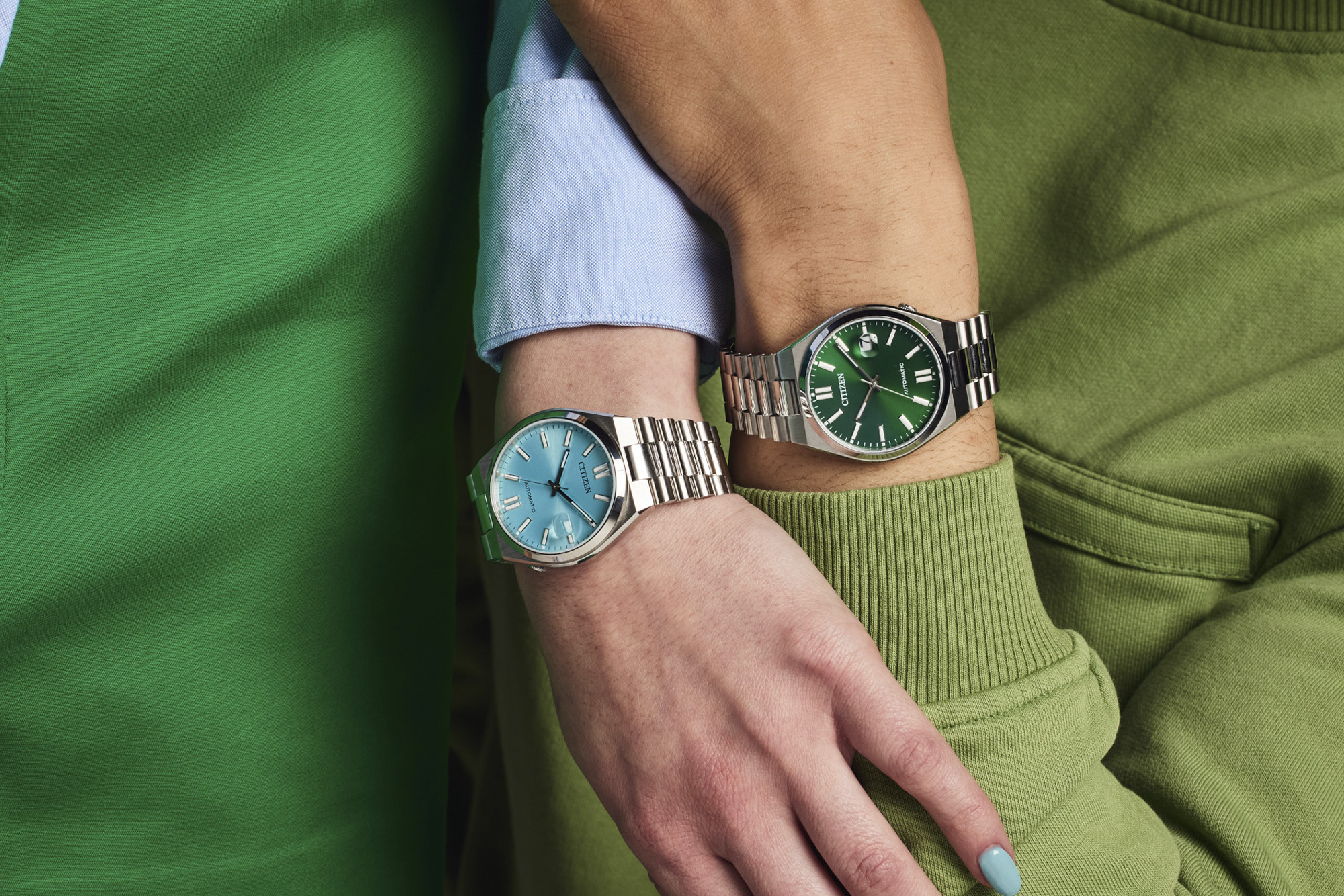 Citizen NJ015 Automatic Series “Tsuyosa” modelled in green and blue on wrists