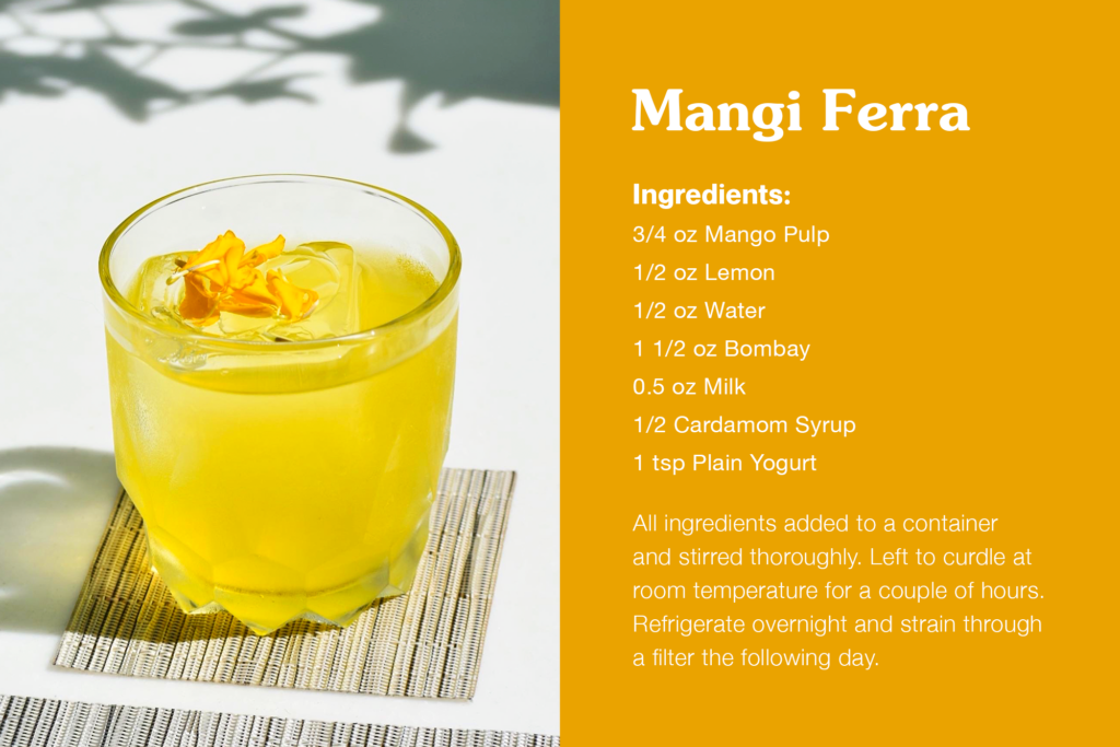 Mangi Ferra recipe: on left, the yellow drink is in a glass. n right, recipe is in white text over orange background