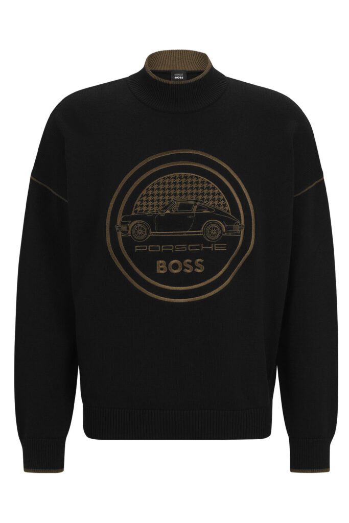 Porsche X Boss Fall Winter 2023 black sweater with BOSS logo in brown on front. on white background