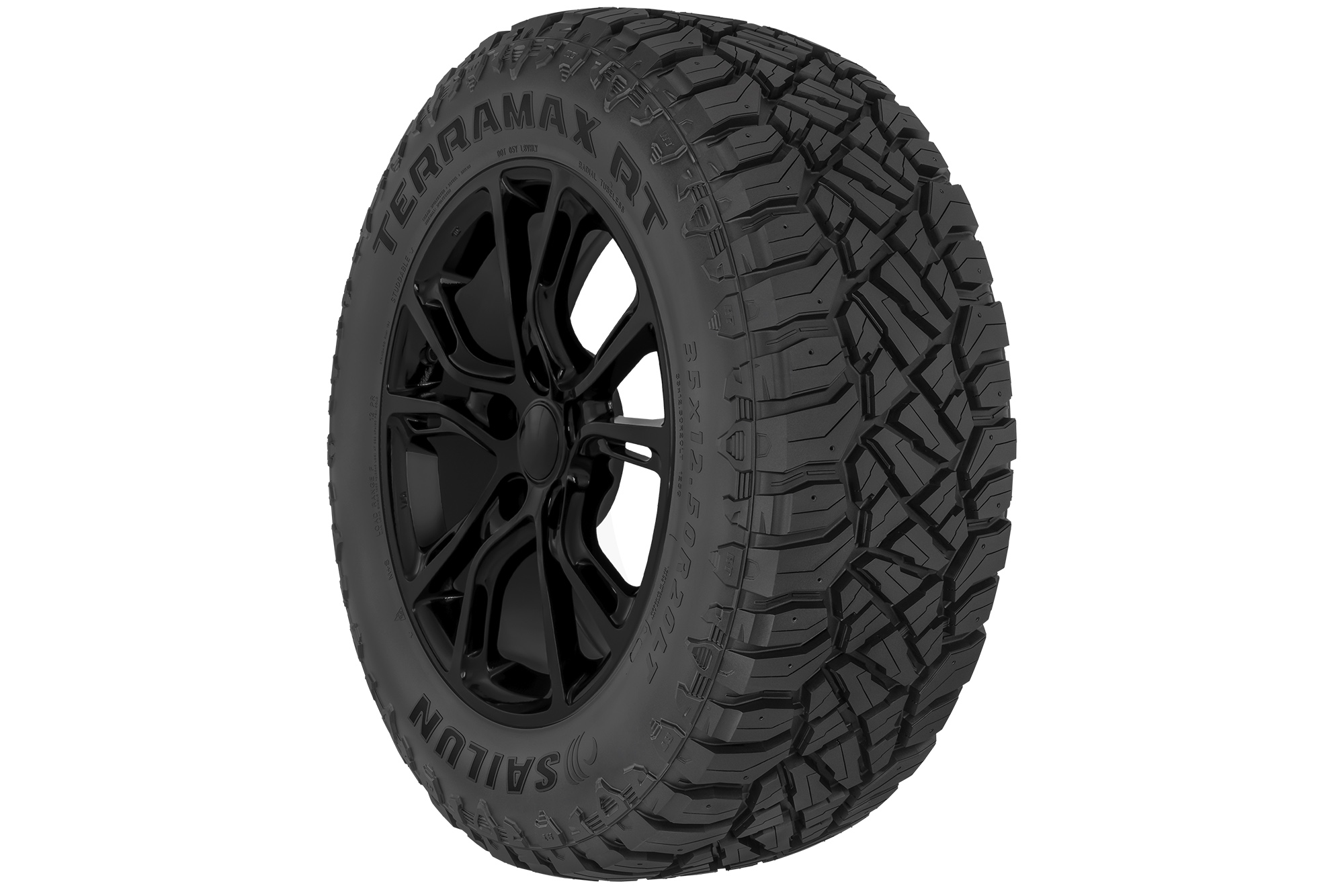 Rugged terrain tire stock photo shot from side-front angle