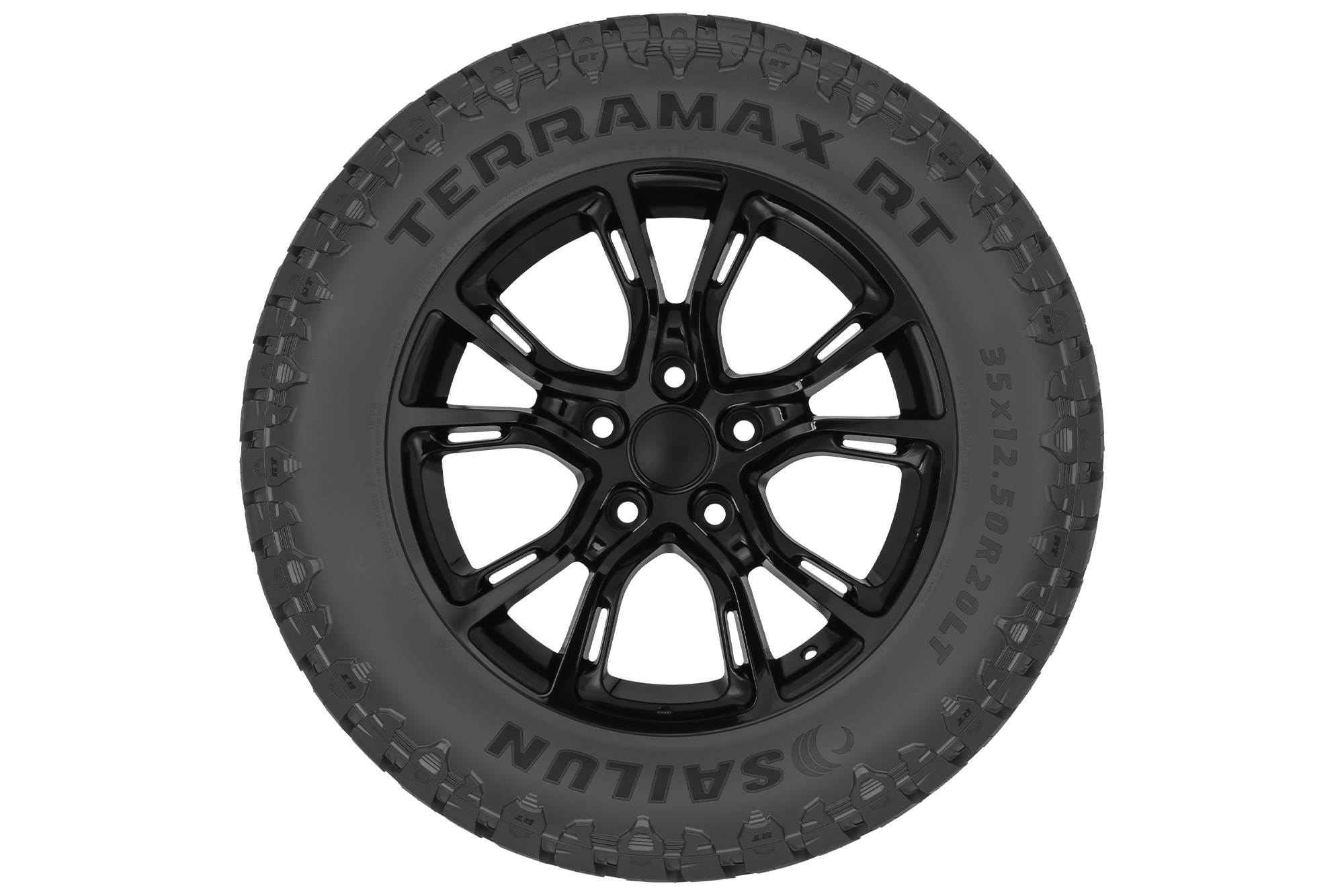 Rugged terrain tire stock photo, shot from the front